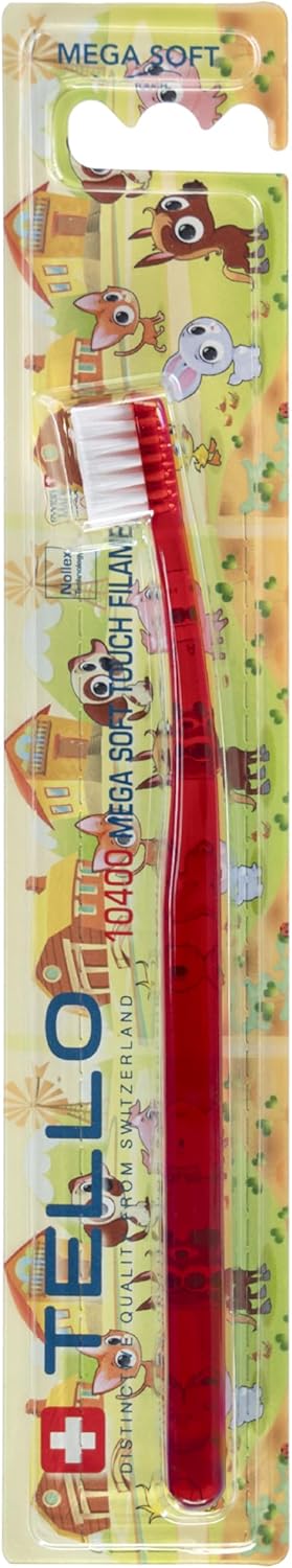 TELLO 10400 Kids Mega Soft Toothbrush for Gentle Cleaning with Ergonomic Handle, Made in Switzerland, Colors Vary