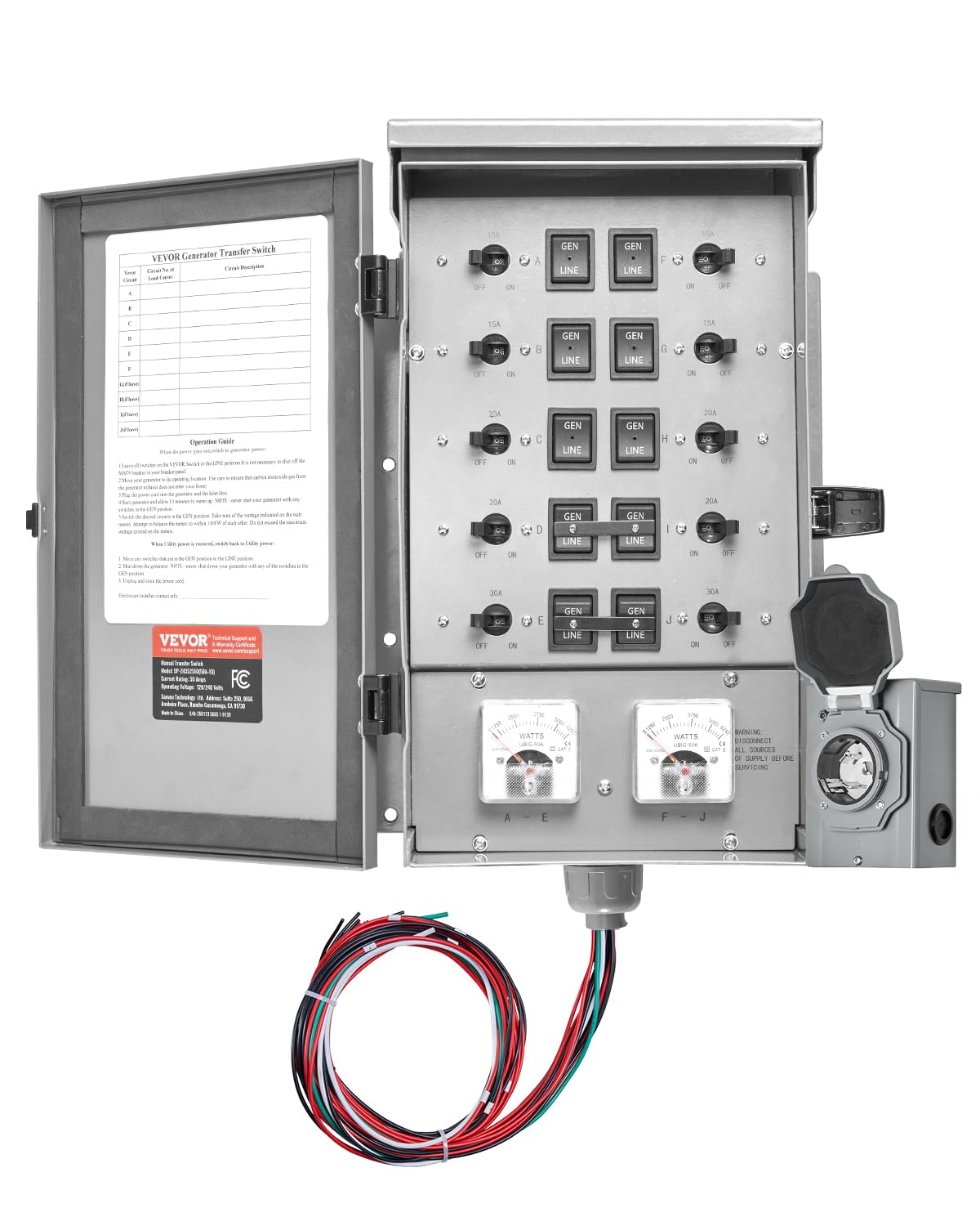 VEVOR Manual Transfer, 50-Amp 10-Circuit, Prewired Generator Transfer Kit with CS6375 Plug Power Inlet Box, Double-Throw, NEMA 3R, Mechanical Watt Meter, for 12500W Generators