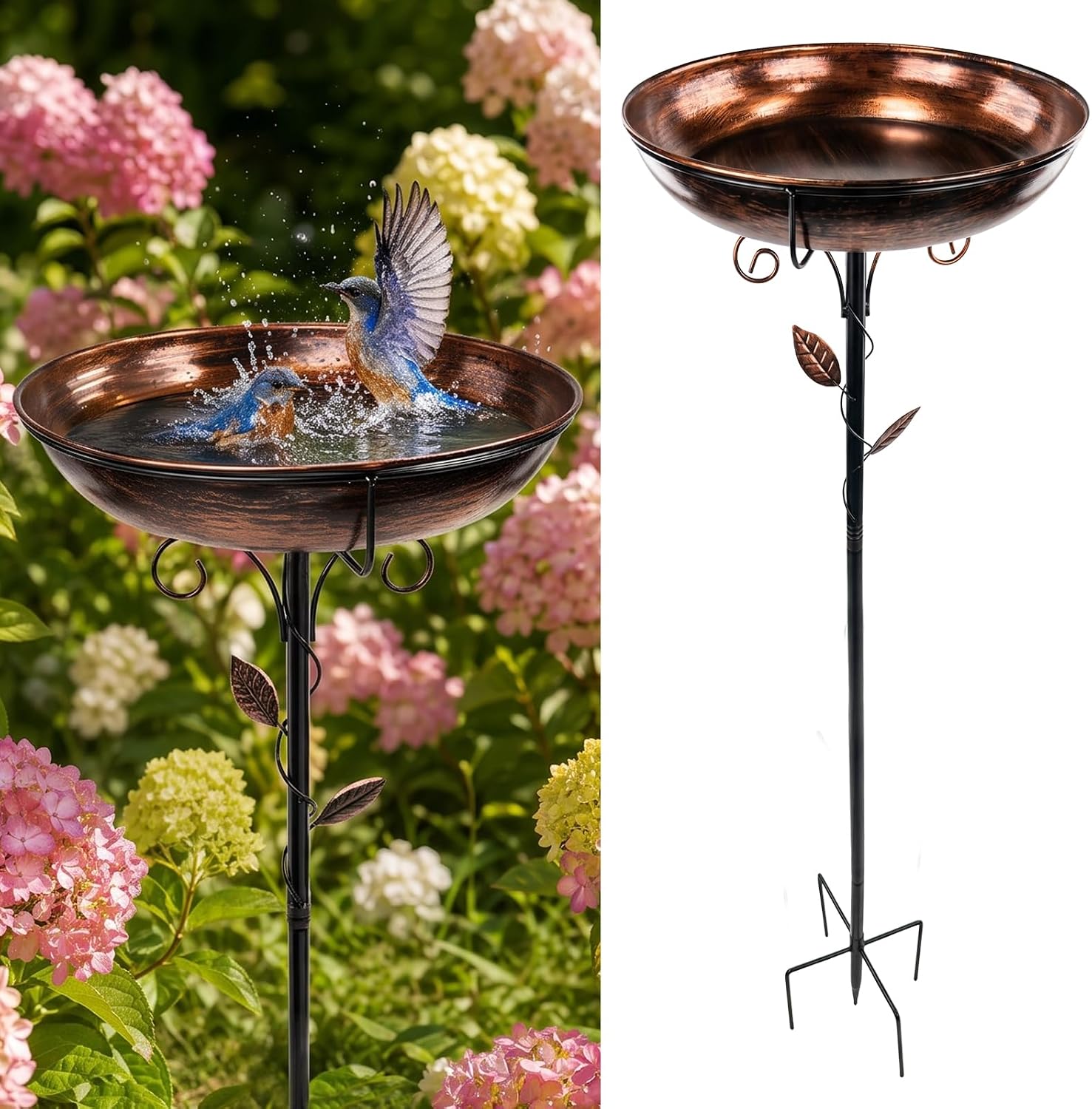 Rust-Proof Metal Bird Bath for Outside, Freestanding Birdbath 5-Prong Base,13" Removable Bowl,2-in-1 Bird Bath & Hummingbird Feeder,Outdoor Bird Baths Garden Decor,Solar Bird Bath Fountain Compatible