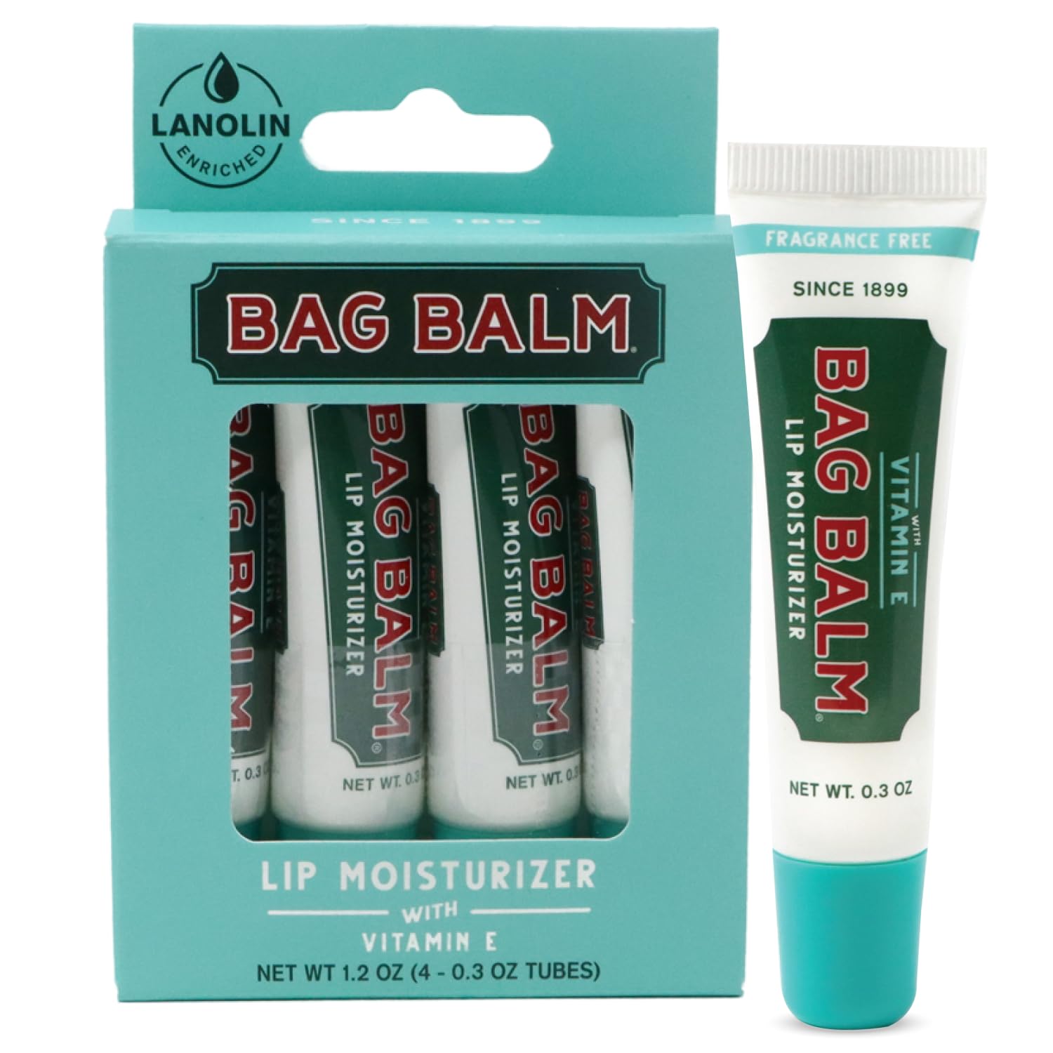 Vermont's Original Bag Balm Fragrance Free Lip Balm with Vitamin E | Pack of 4 0.3oz Tubes