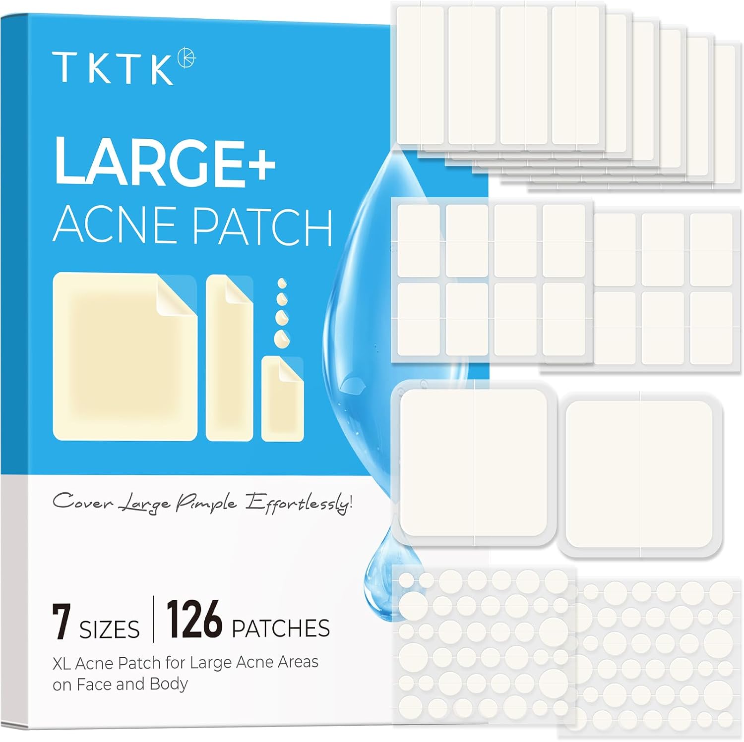 TKTK Large Pimple Patches for Face & Body Zit Breakouts, 7 Sizes 126 Count