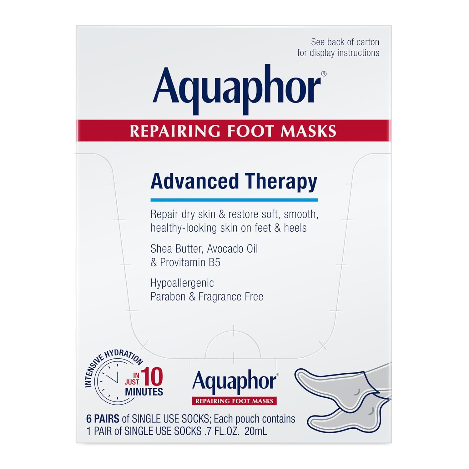 Aquaphor Repairing Foot Masks, Moisturizing Socks for Dry Feet, Hydrating Foot Care Treatment with Avocado Oil and Shea Butter, Pack of 6
