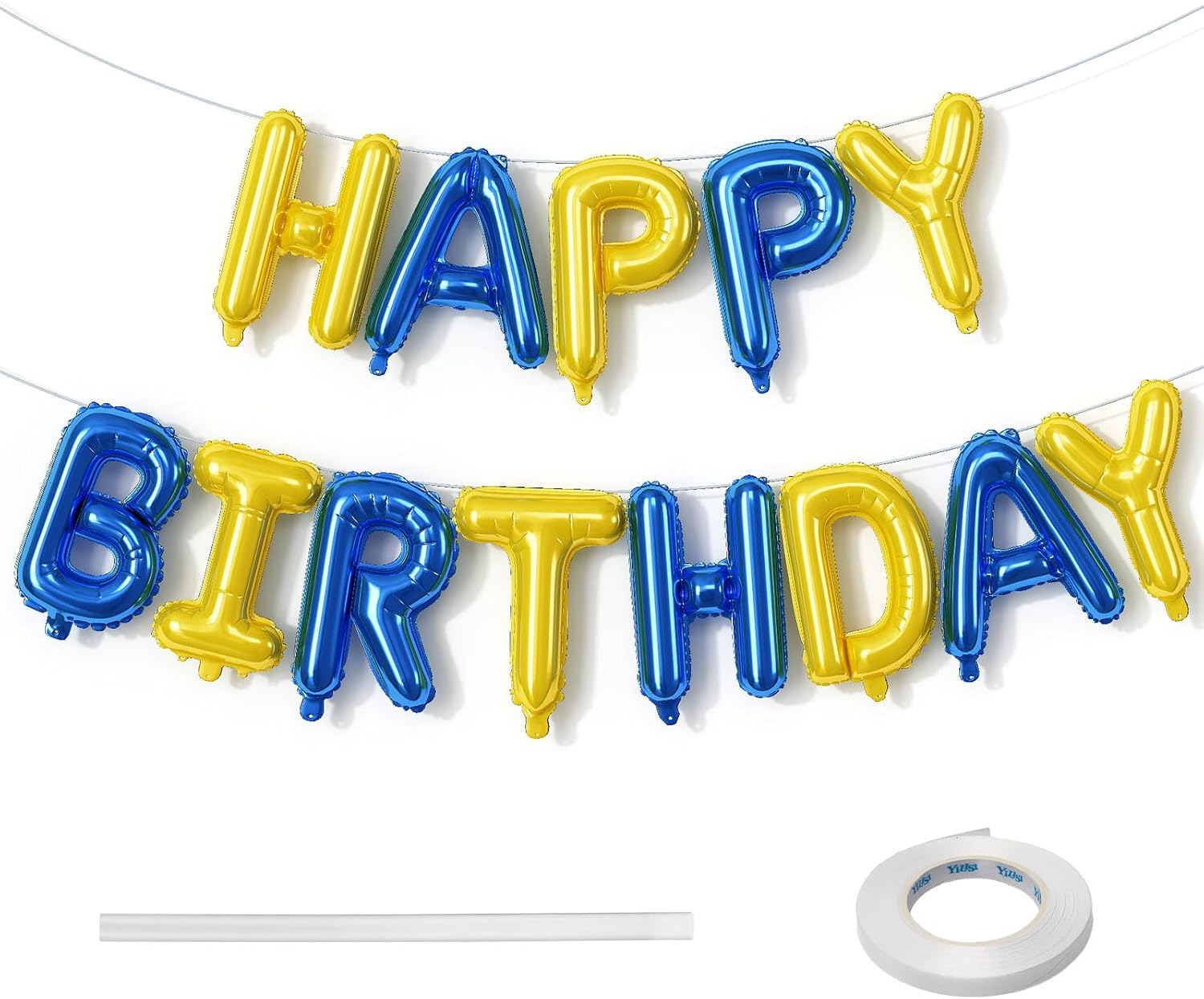 Blue and Yellow Happy Birthday Balloon Banner, 16 Inch Blue Gold Happy Birthday Bunting Banner Letter Foil Balloons for Boys Soccer Club Theme Cartoon Style Bday Party Decorations Supplies