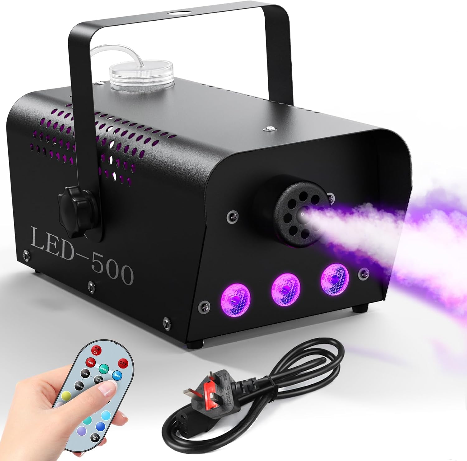 Smoke Machine, 500W Fog Machine with 3 RGB LED and Wireless Remote Control, Smoke Machine with Lights for Party Halloween Christmas Stage Effect Disco