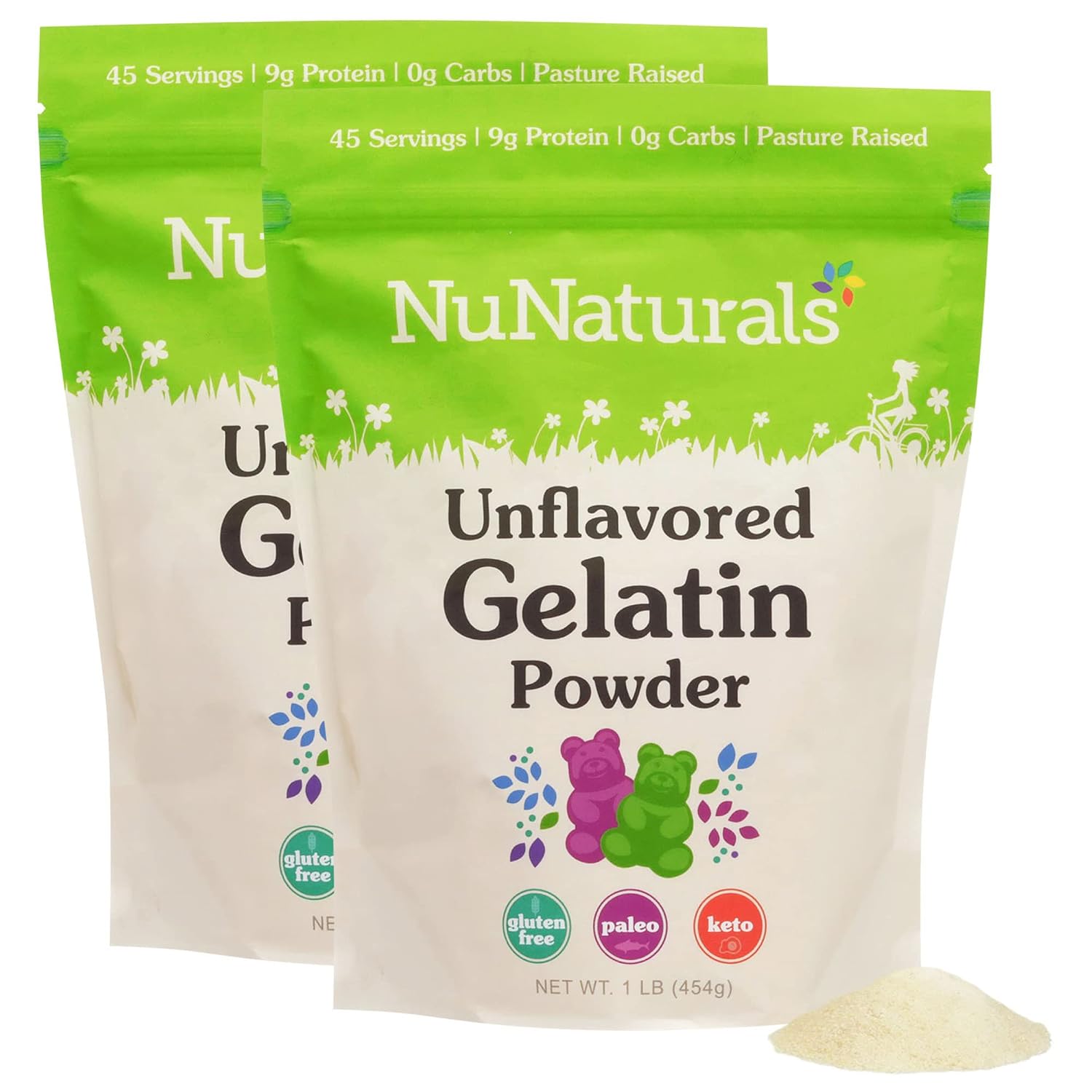 NuNaturals Unflavored Beef Gelatin Powder, Pasture Raised, 1 lb (2-Pack)