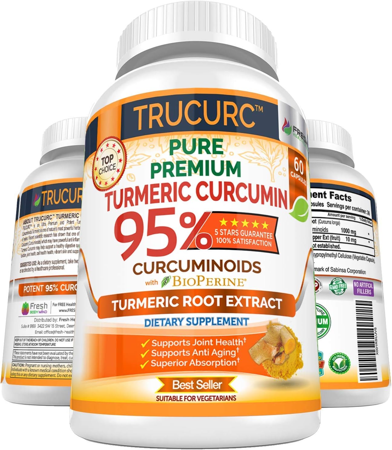 Trucurc Turmeric Curcumin with Black Pepper Supplement with 95% Pure Curcumin - Potent Joint Support Supplement - Max Absorption for Natural Joint Health Support - 60 Turmeric Capsules