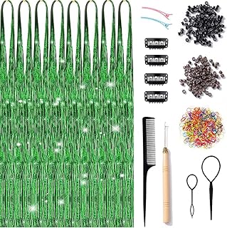Hair Tinsel Kit With Tools 8pcs 1600 Strands Glitter Hair Tinsel Heat Resistant Highlights Fairy Hair Tinsel Hair Extensions for Women Girls Kids ((Green 8pcs)