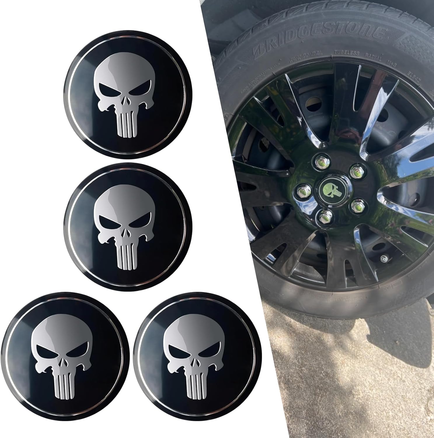 ijuicy 4 PCS Car Wheel Center Hub Cap Cover, Metal Scratch-Proof Anti-Fading Skull Pattern Center Caps for Rims, Self-Adhesive Wheel Center Caps Sticker, Universal for Cars Trucks (Black)