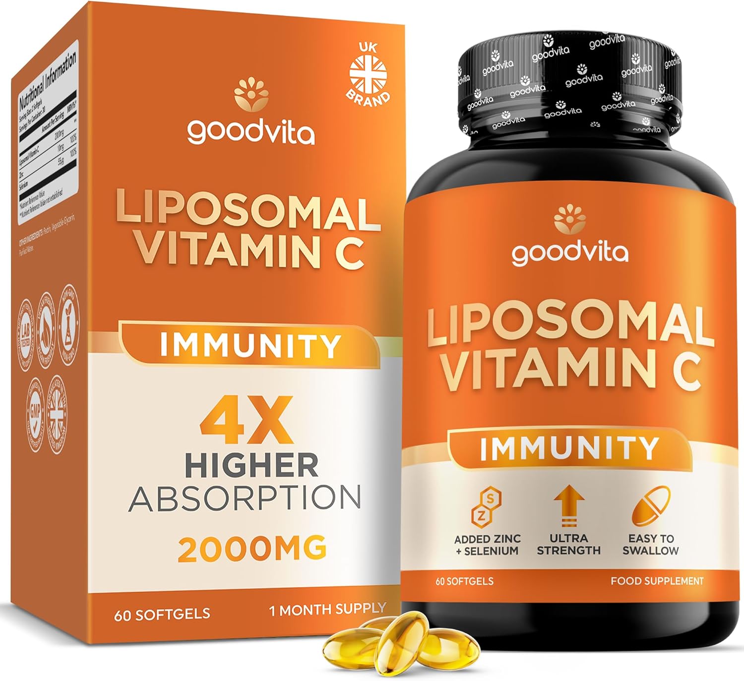 Liposomal Vitamin C Softgels 2000mg | 60 Softgels, 1 Month Supply | Added Zinc + Selenium | UK Formulated | Ultra Strength 4X Higher Absorption | Immunity, Energy + Skin | Easy to Swallow