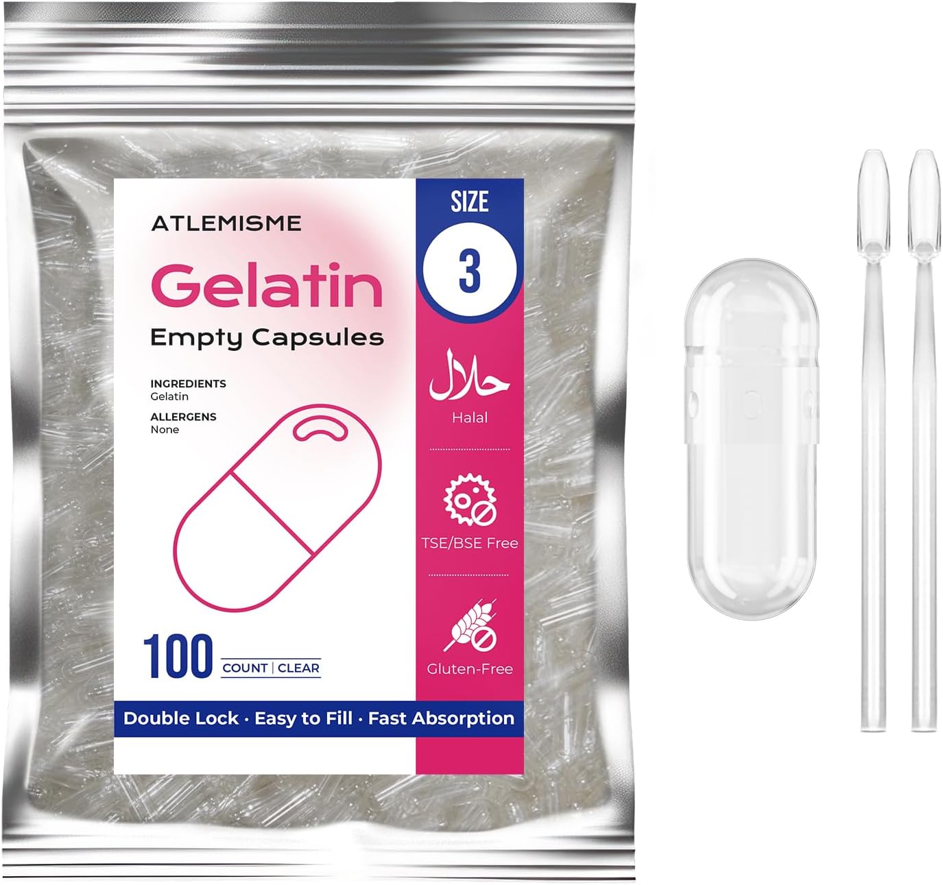 Empty Capsules Size 3 100 count,Clear Empty Gelatin Capsules Kosher,Halal and Non GMO Certified for DIY Supplements.Hypoallergenic Gel Capsules Empty with 2 Spoons,Adapted to the Capsule Filler