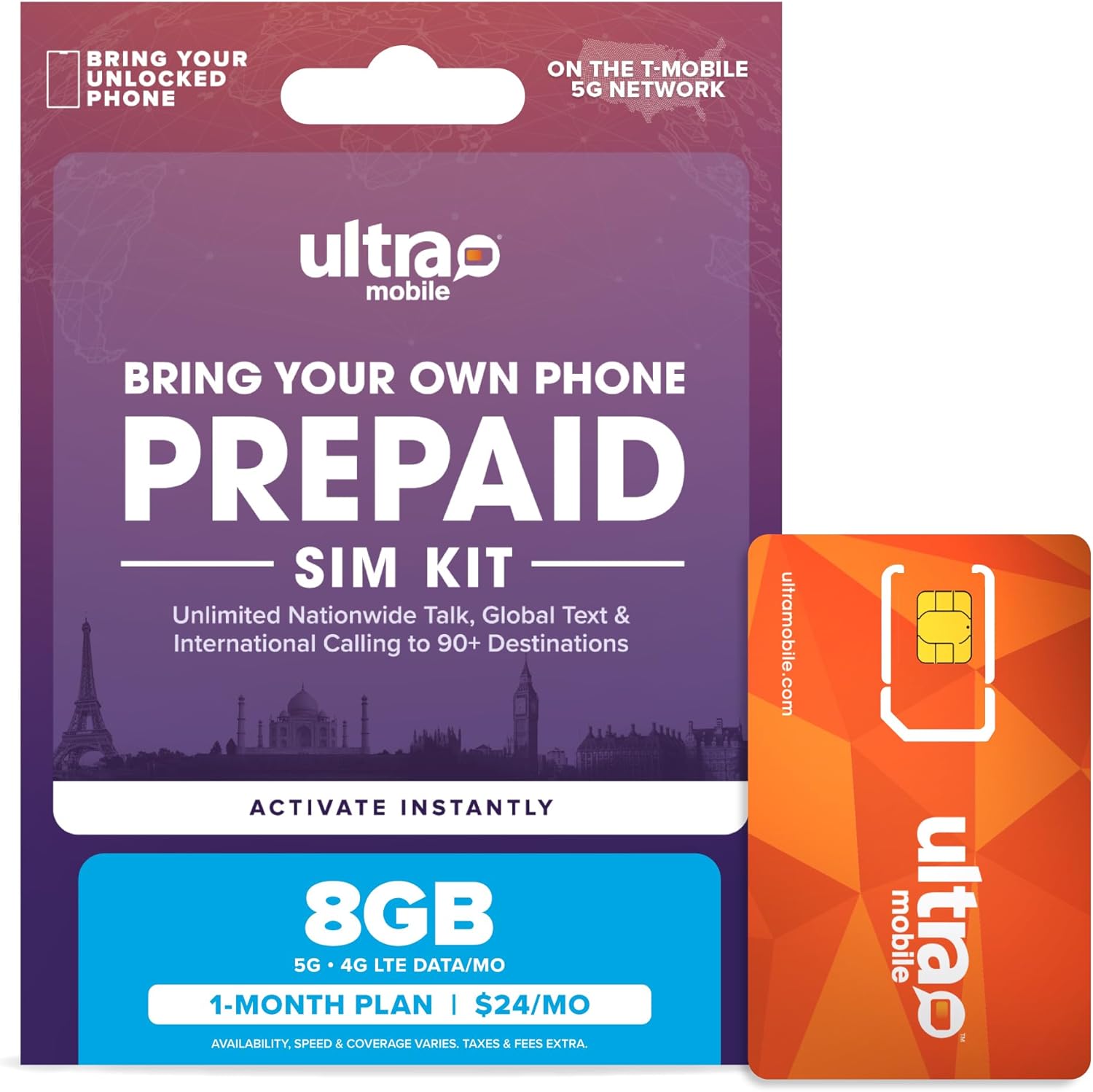 $24/mo. Ultra Mobile Prepaid Phone Plan with Unlimited Talk, Text, & 8GB of 5G • 4G LTE Data for 1 Month (3-in-1 SIM Card Kit)