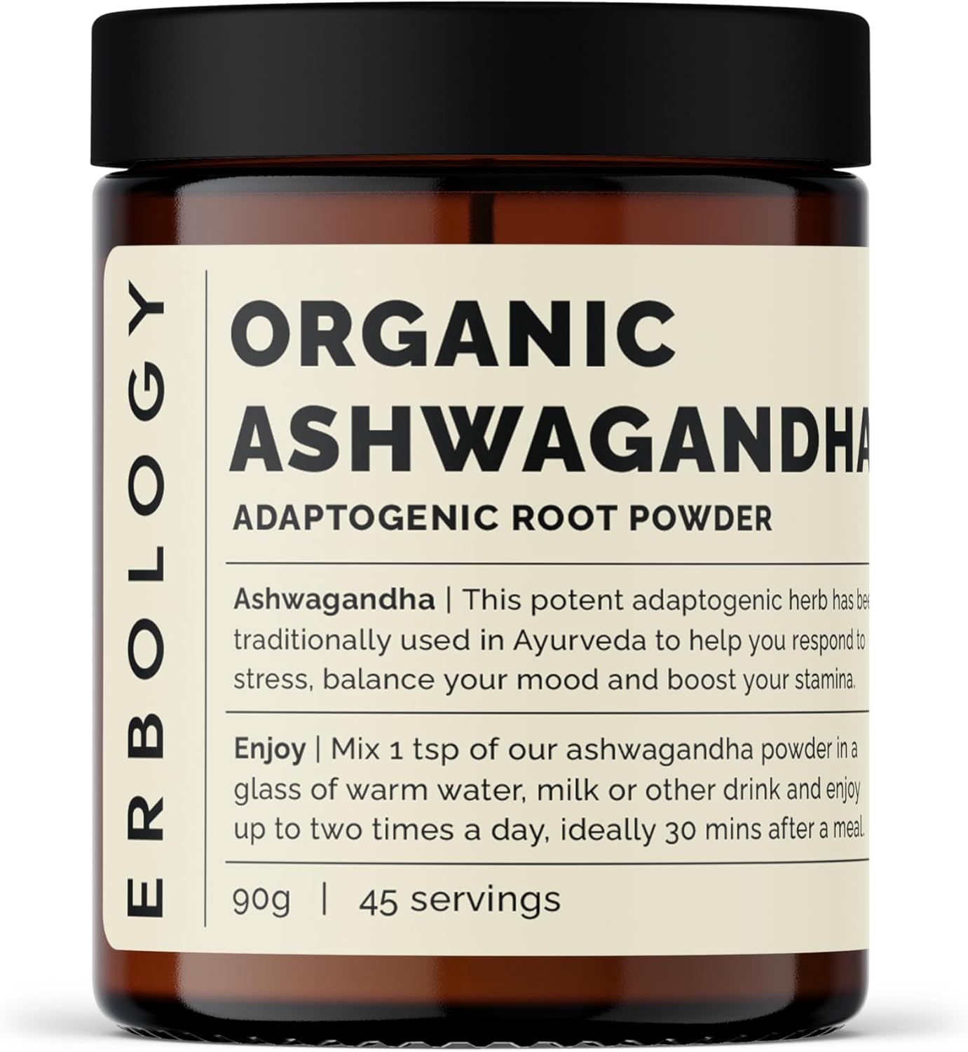 Erbology Organic Ashwagandha Powder 90g - 45 Servings - Sleep Aid - Rich in Withanolides - Sustainably Sourced Straight from Farm in India - Small Batch - Vegan - GMO-Free - Recyclable Glass Jar