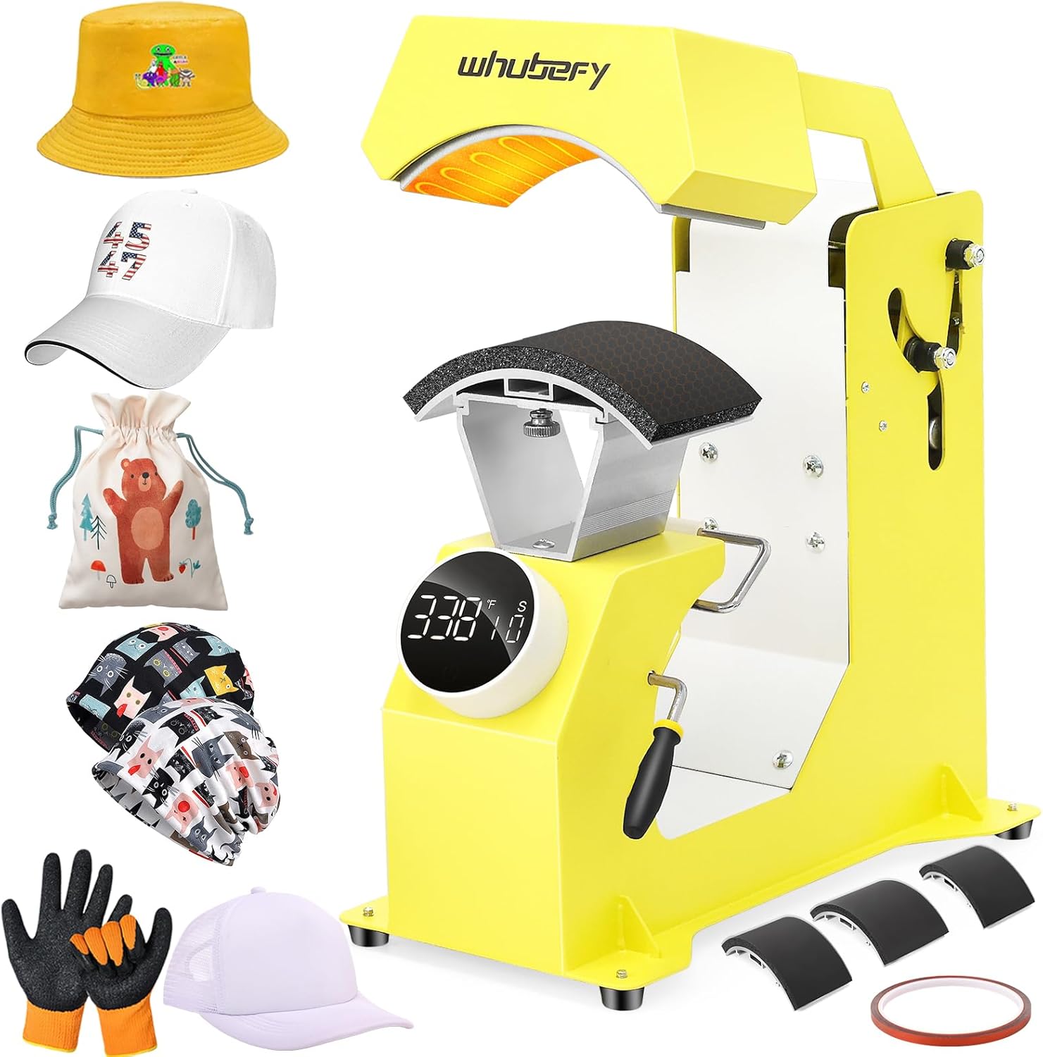 Whubefy 3in1 Hat Press Heat Machine for Caps - Auto Hat Heat Press w/3 Platens - No Crease No Stick - One-Touch Easy Press Cap Heat Press for Hats T-Shirts Small HTV Iron on Vinyl Sublimation Projects