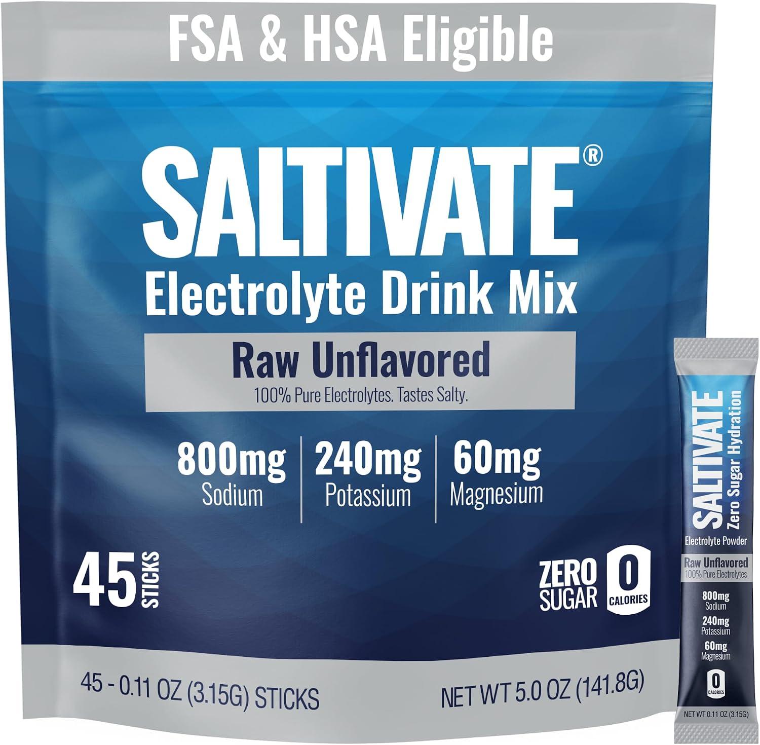 Electrolyte Packets, Raw Unflavored, 800mg Sodium, 45 Sticks