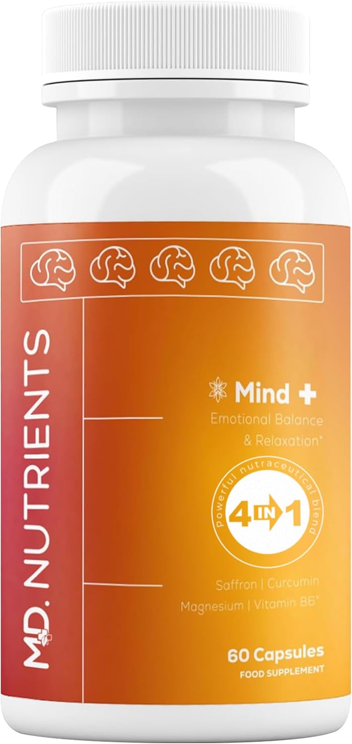 MD Nutrients Mind+ | 4-in-1 Sleep Supplement | Magnesium + Curcumin + Saffron Extract + Vitamin B6 | Emotional Balance & Relaxation | Gluten Free, Dairy Free, Vegan | Men & Women (30 Days Supply)