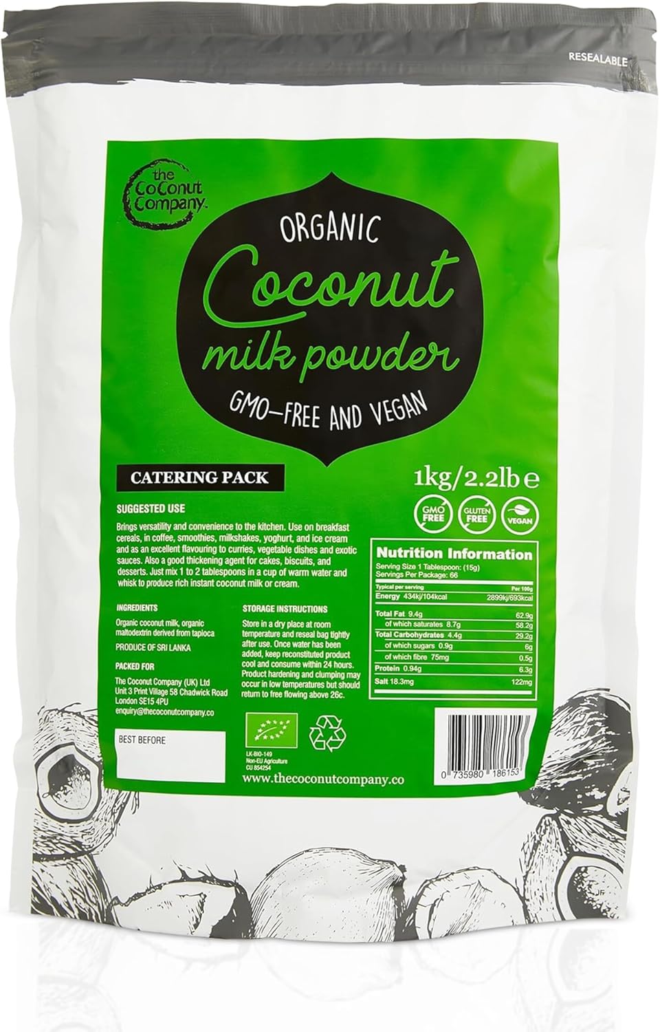 Organic Vegan Coconut Milk Powder - 1KG - Dairy-free Alternative - Gluten-free, Organic Certified, Powdered Coconut Milk, Bulk