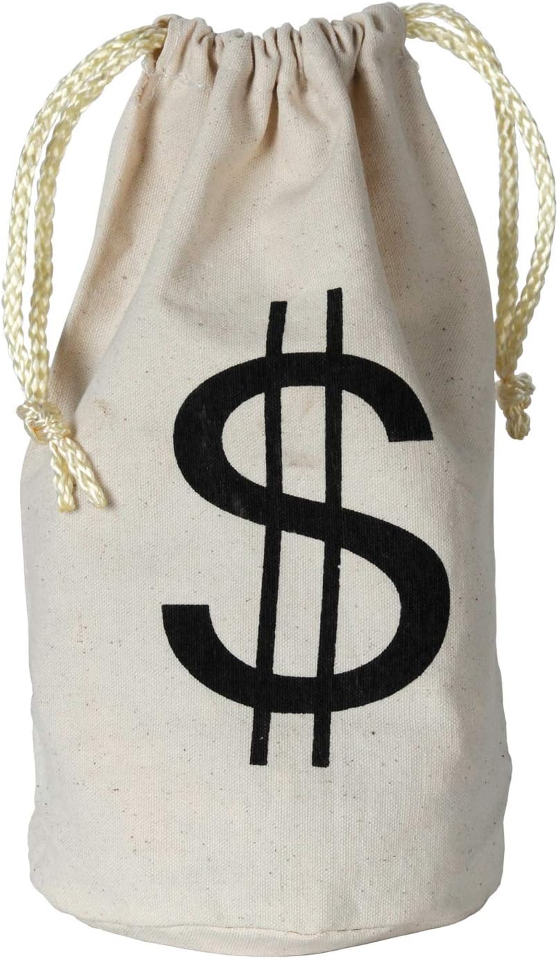 Beistle Fabric Drawstring Money Bag Pouch with Dollar Sign for Casino Night Theme Party Favors, 8.5" x 6.5", Natural/Black
