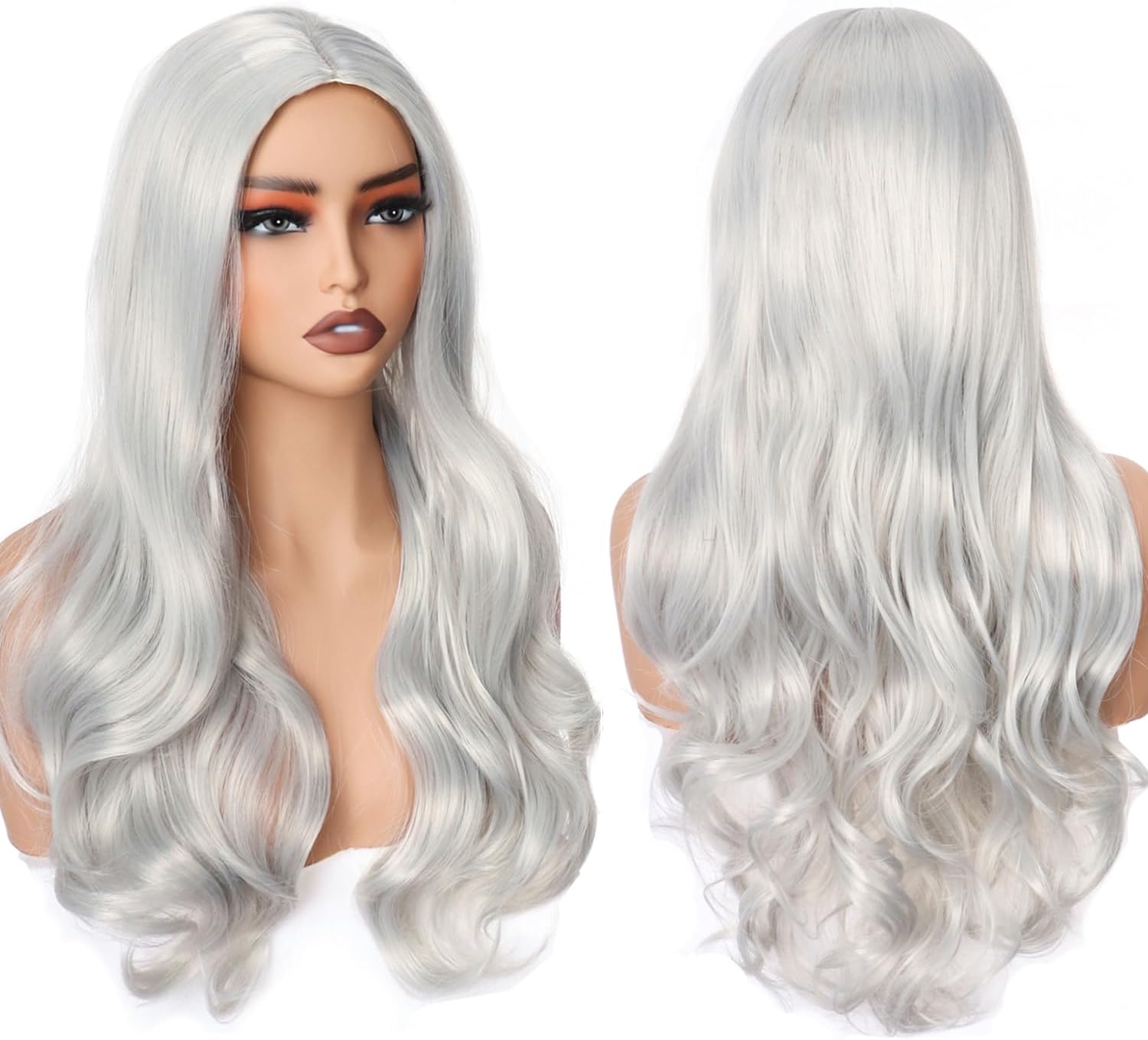 PORSMEER Wig Long Grey Curly Wavy Wigs for Women Ladies with Middle Part Cosplay Fancy Dress Wig Synthetic Heat Resistant Hair Wigs Long Replacement Hair (Silver gray)