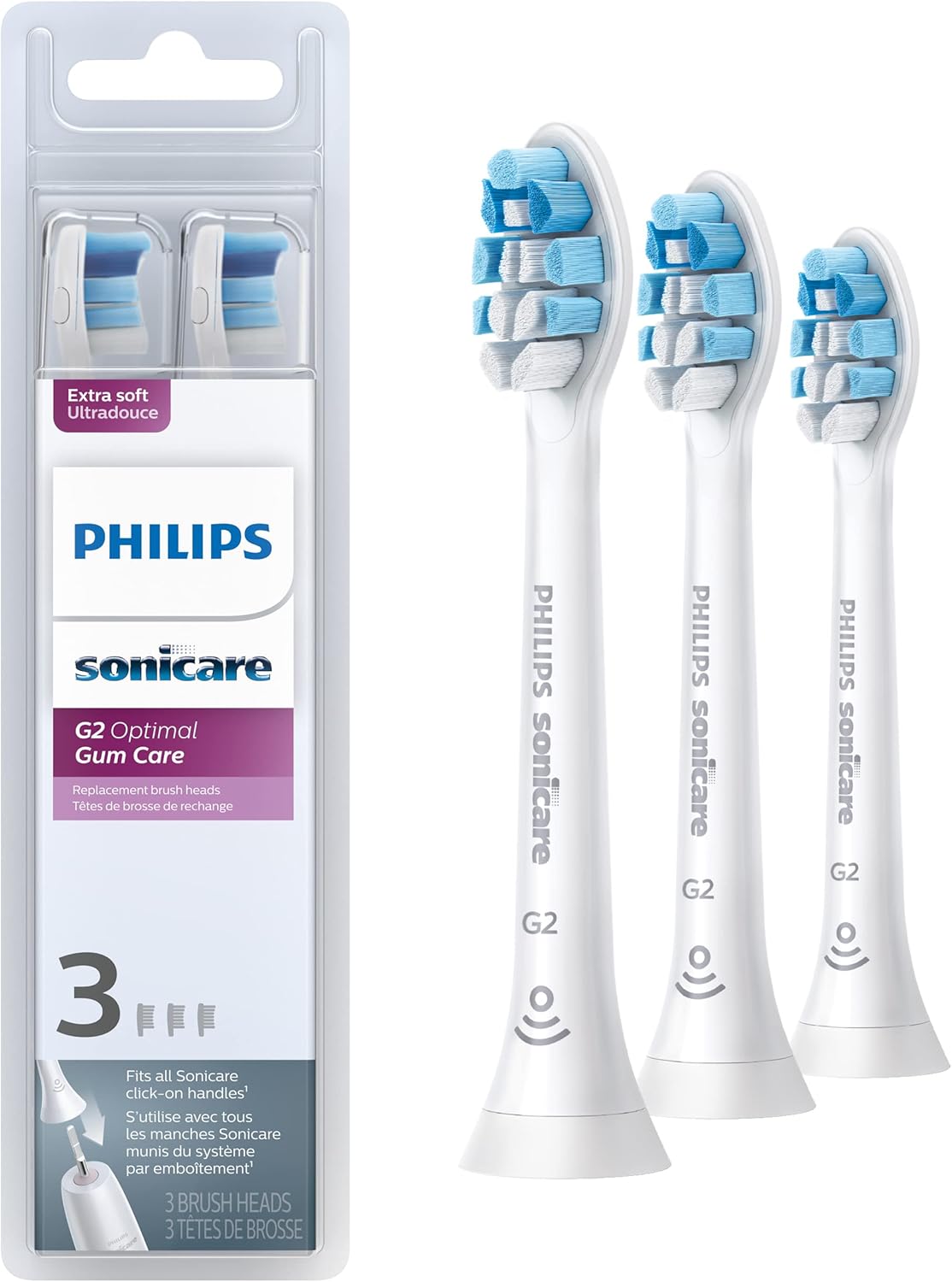 Philips Sonicare Genuine G2 Optimal Gum Care Replacement Toothbrush Heads, 3 Brush Heads, White, HX9033/65
