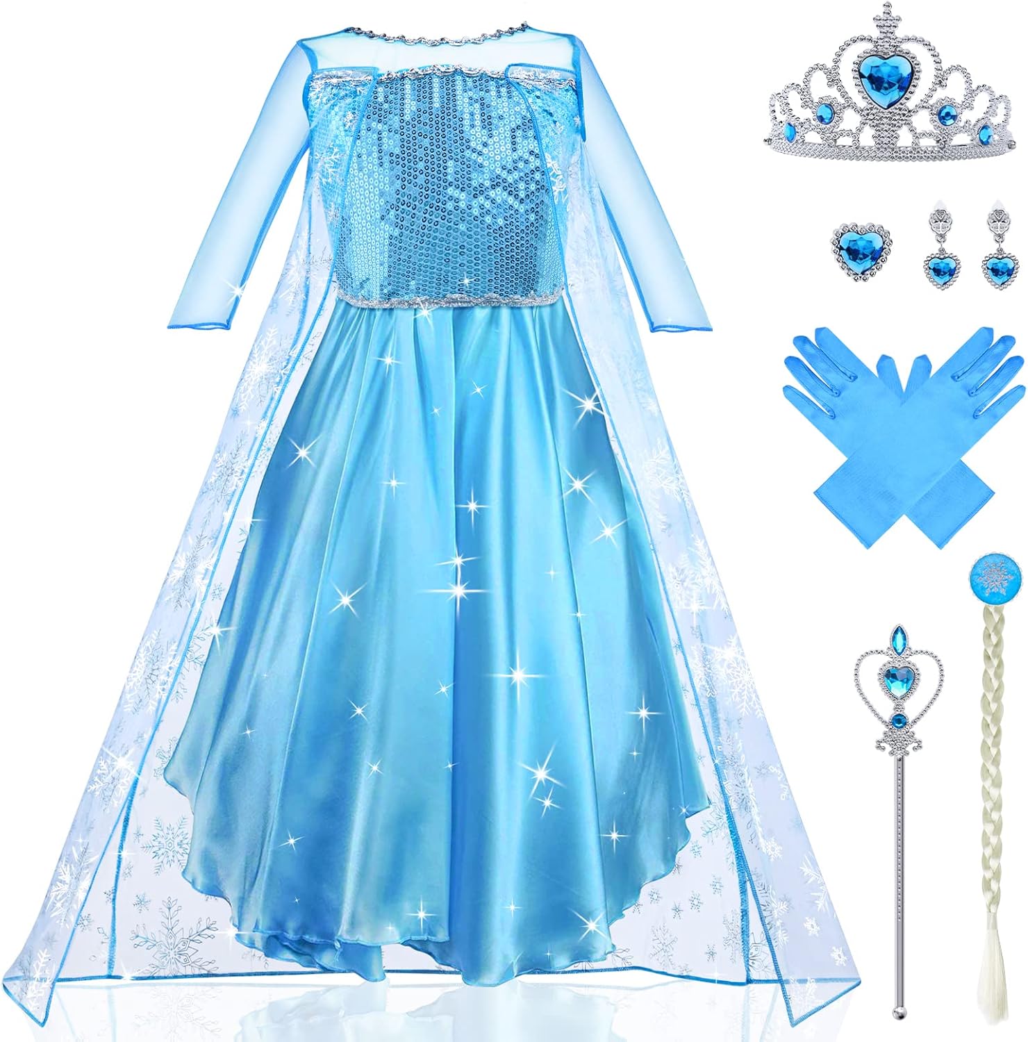 URAQT Princess Costume for Girls - Fancy Dress with Fairy Wand and Crown Tiara, Deluxe Party Cosplay Bridesmaid Pageant