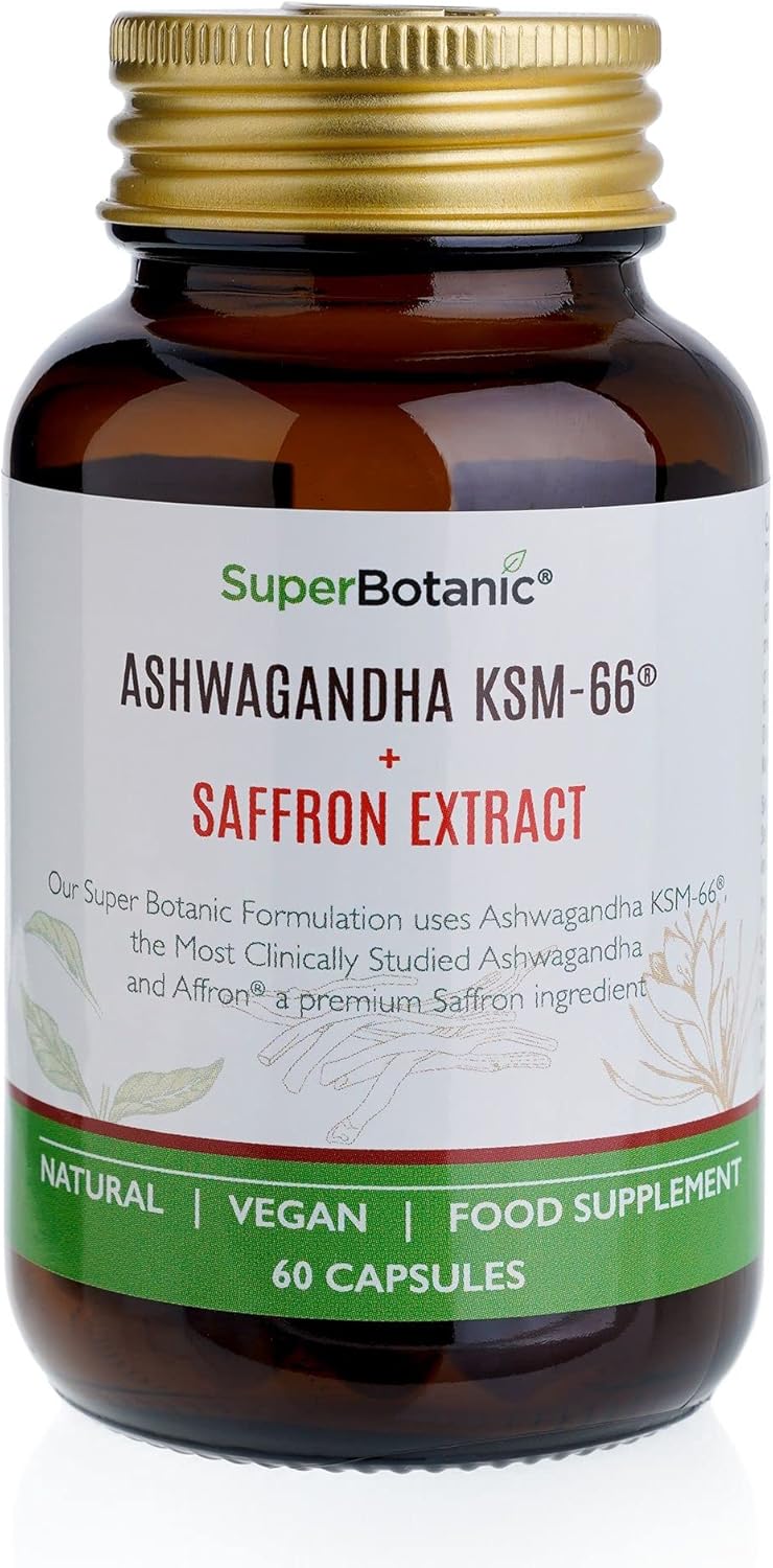 Super Botanic Ashwagandha KSM 66 ® 60 Vegan Capsules with Affron ® (Saffron Extract) |100% Natural & Made in The UK | Most Clinically Studied Ashwagandha