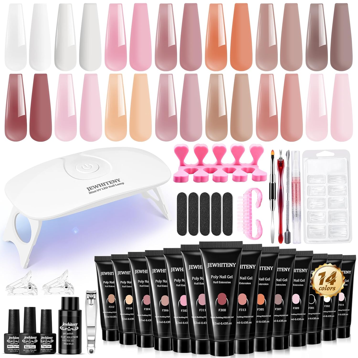 JEWHITENY Poly Extension Gel Nail Kit 14 PCS Poly Gel With Mini Nail Lamp Poly Nail Gel Kit with Slip Solution Basic Poly Gel Nail Art Tools Nail Art Design Beginner Kit