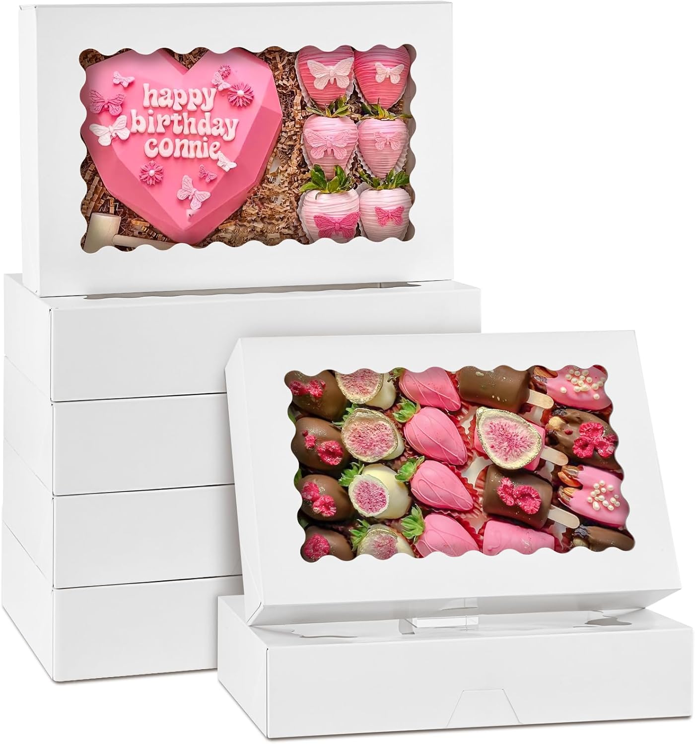 30 Pack Cookie Boxes with Window, 12.5" x 8" x 2.5" White Auto Pop-up Bakery Boxes Treat Boxes for Chocolate Covered Strawberries, Sugar Cookies, Cake Pops, Donuts, Cocoa Bombs, Pastries