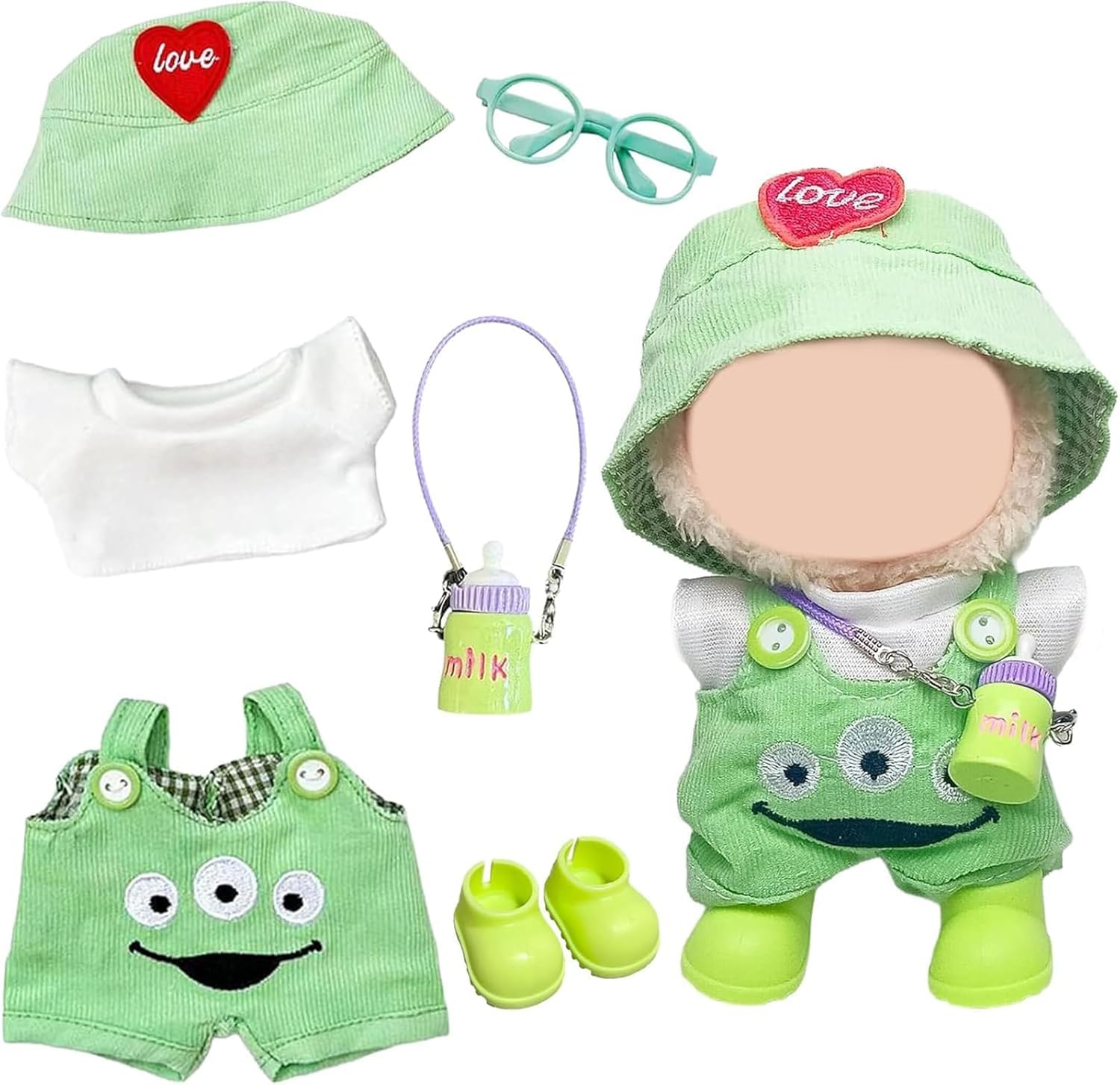 6 Pcs Doll Clothes and Accessories, Green Eyed Monster Dolls Clothes Sets Include T-shirt Bib Pants Hat Shoes Pendant Frame for 17cm Dolls, Best Gifts for Girls Boys