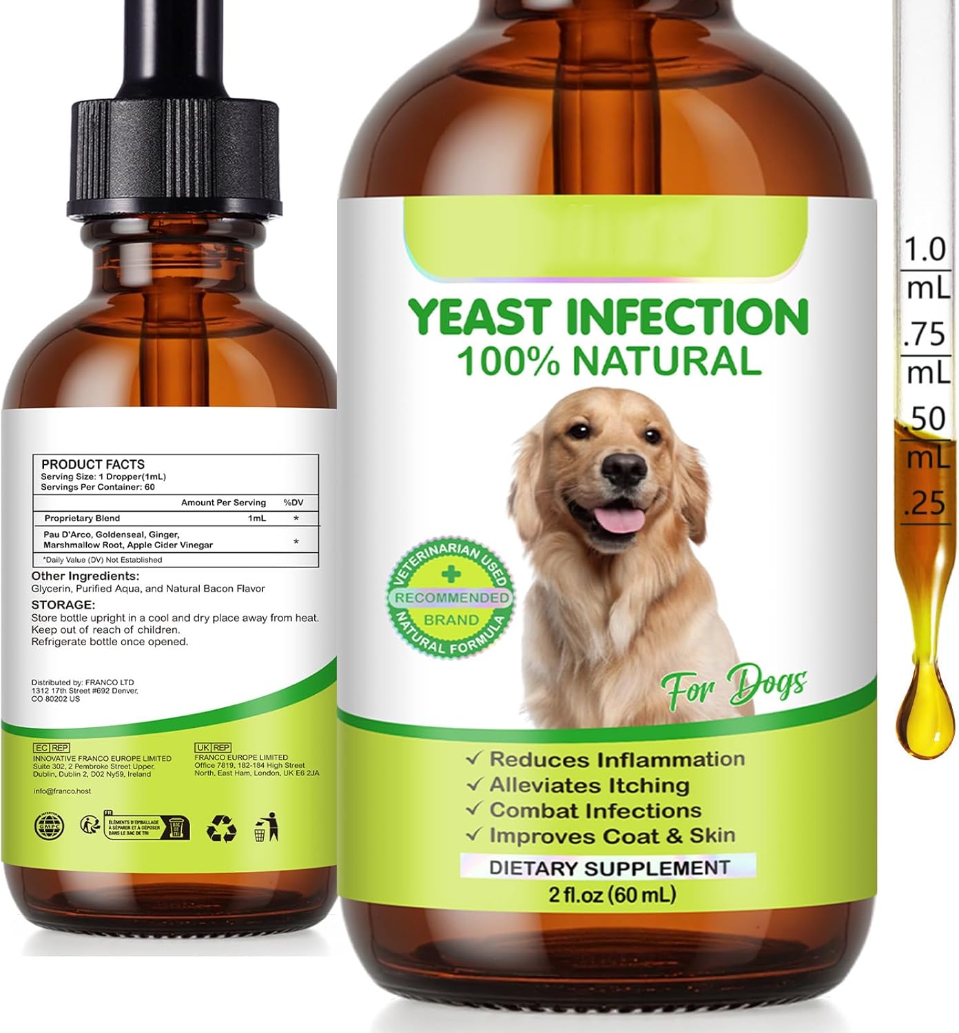 Yeast Infection Treatment for Dogs, 60ml Natural Dog Yeast Infection Treatment Drops for Itchy Skin Relief, Inflammation Relief, Improves Coat & Skin