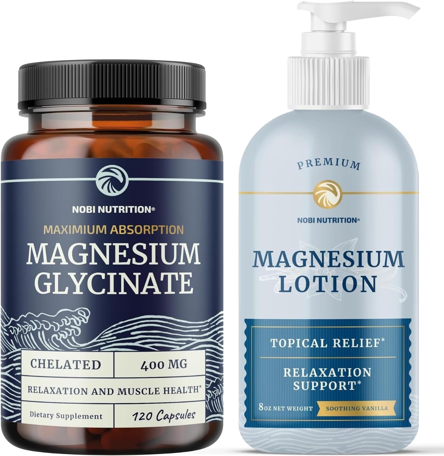 Magnesium Lotion and Magnesium Glycinate Supplement | Full Body Magnesium Support for Body and Mind with 8 Fl Oz Topical Magnesium Plus 400mg Magnesium Glycinate Pills