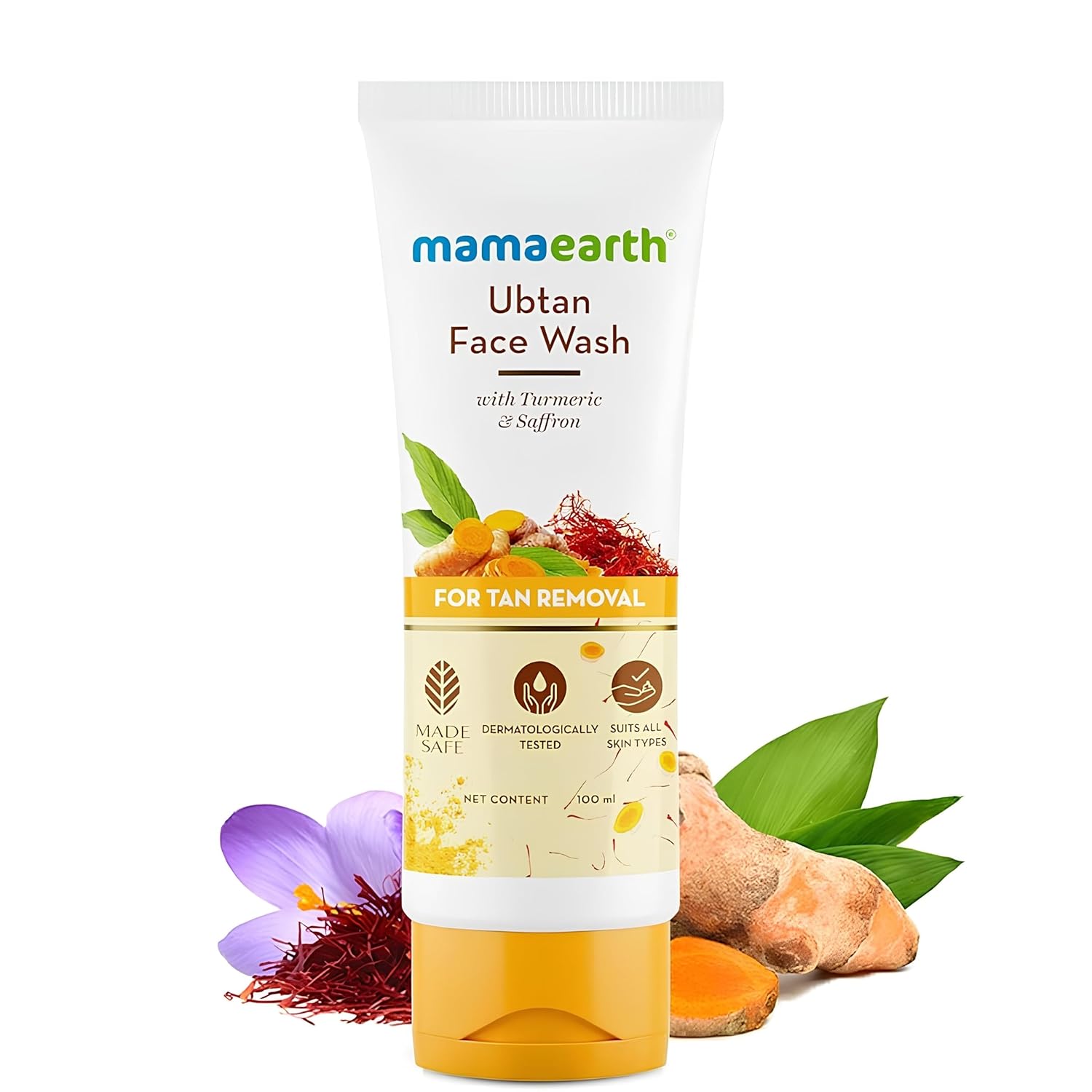 Mamaearth Ubtan De Tan Face Wash | Helps Reduce Tanning & Sun Damage | Gently Cleanses Dirt & Excess Oil | Enriched with Turmeric & Saffron | 3.38 Fl Oz (100ml)