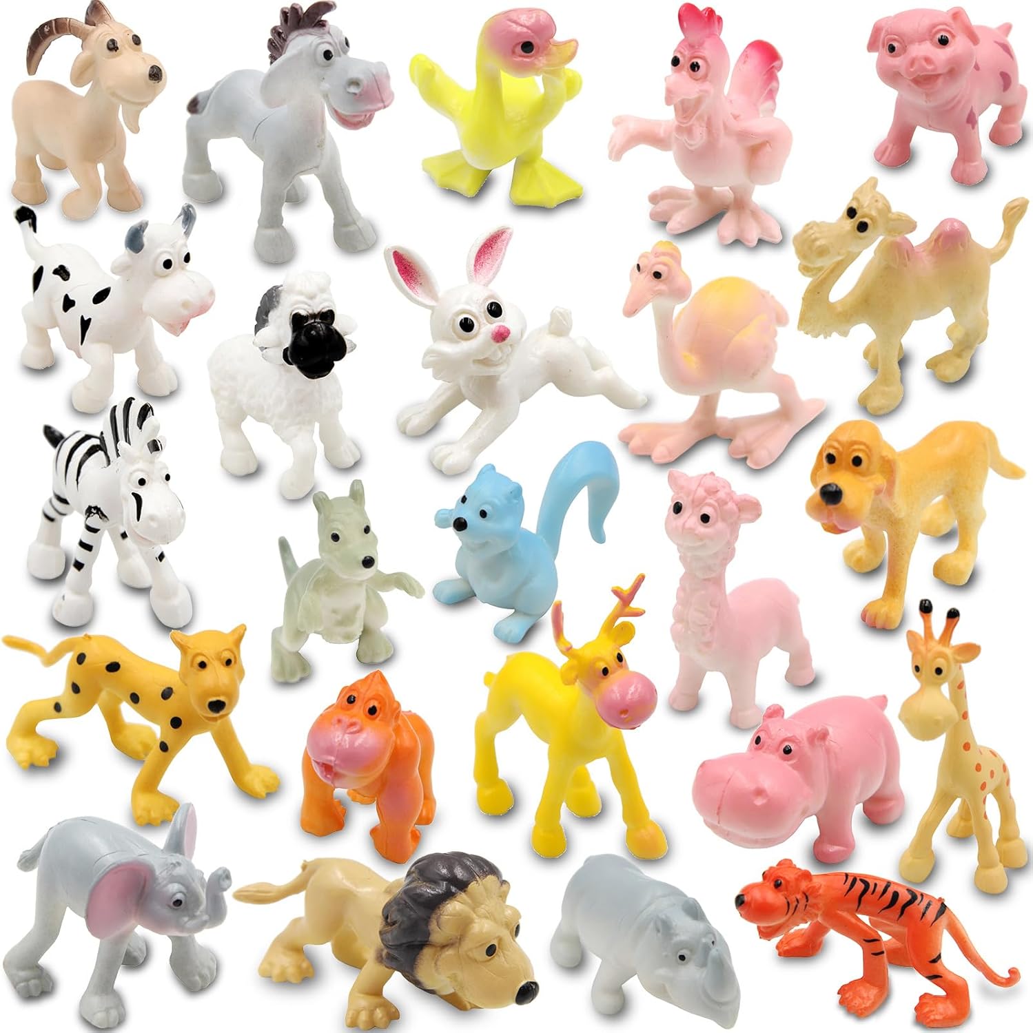 PINOWU Cartoon Animals 24pcs, Mini Wild Animals Toys Kit, Jungle Animal Figures Set - Tiger Lion Hippo Sheep Deer Duck for Children Party Favors Classrooms Rewards Birthday Gift Educational Toy