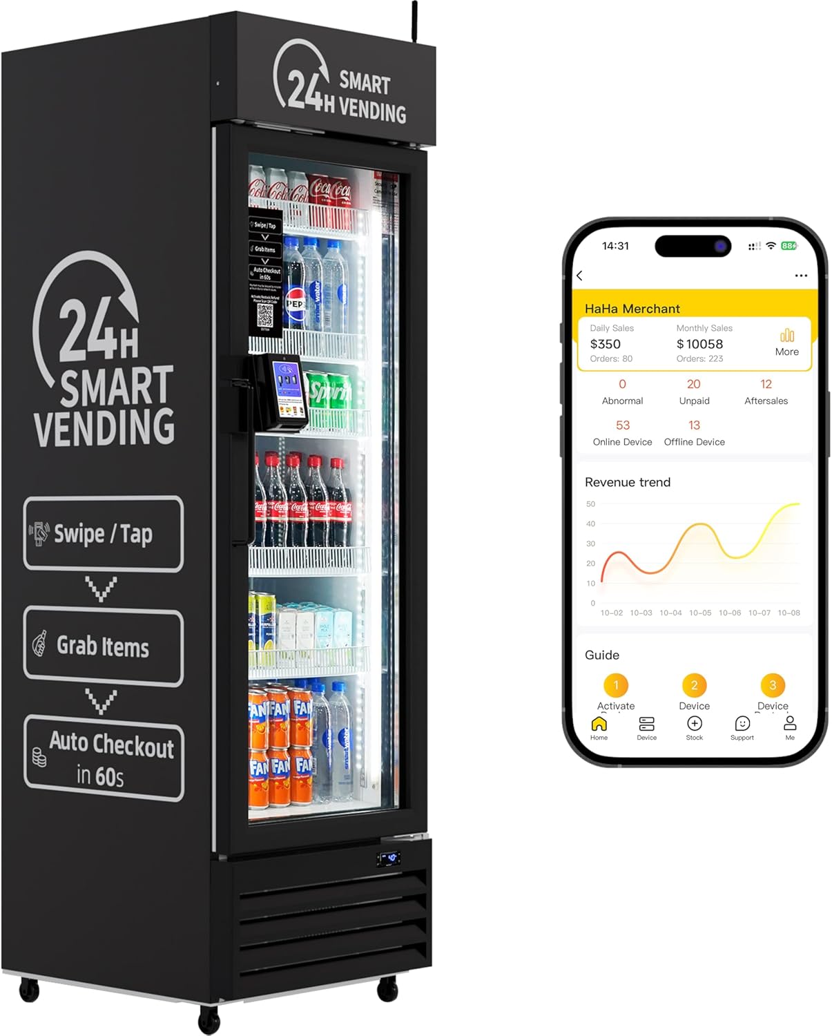 AI Vending Machine with Self-Checkout - DC360 Combo Refrigerated Vending for Fresh Food, Snacks & Cold Beverages - Real Time Inventory - Ideal for Office, School, Hospital, Gym (Black)