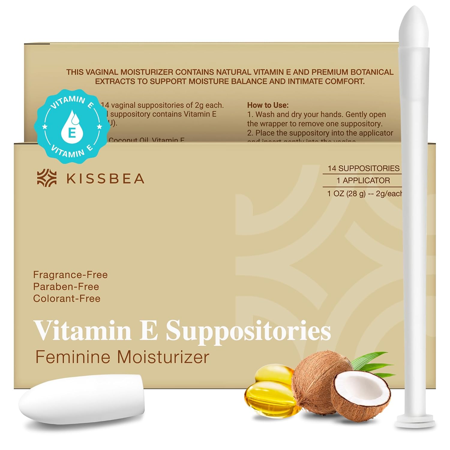 Kissbea Natural Vitamin E Suppositories for Women - Feminine Moisturizer for Dryness & Irritation-Menopause & Post-Menopausal Support with Coconut oil and Shea Butter-One Month Supply with Applicator