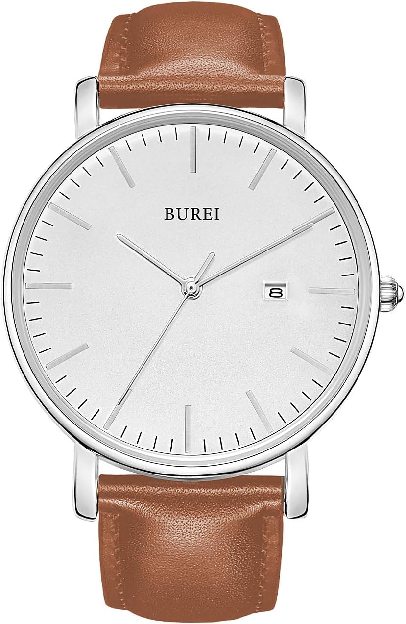 BUREI Ultra Thin Minimalist Modern Mens Watch Classy Date Gents Watch with Classic Simple Design of Big Face Soft Band