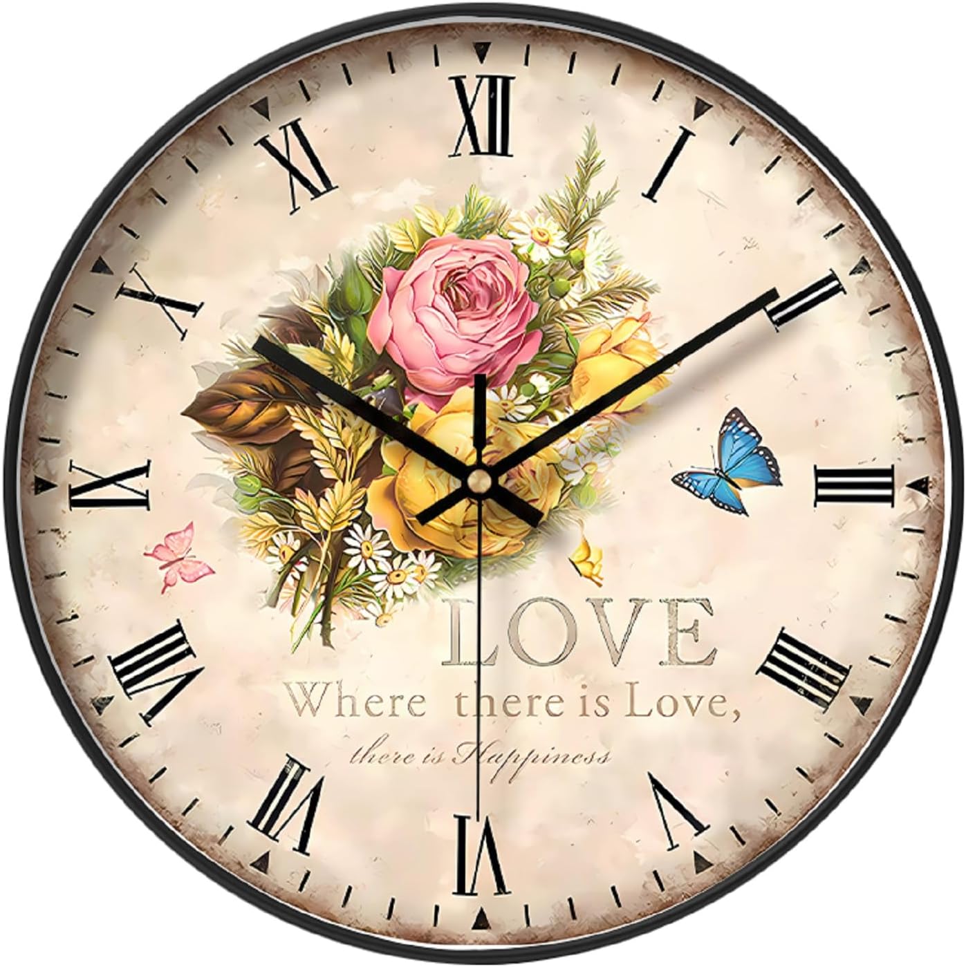 NUOVO 12 Inch Vintage Flower Wall Clock - 30 cm Round Rustic Country Retro Style - Silent, Easy to Read - Perfect for Living Room, Bedroom, Kitchen