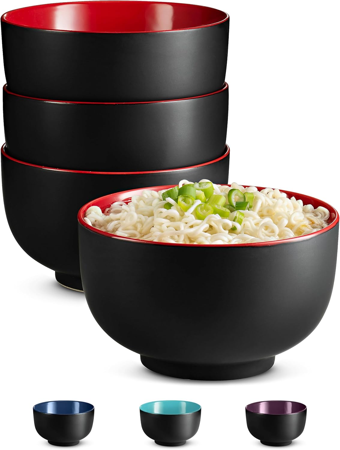 KooK Ramen Bowl, Japanese Bowls, Noodle Bowls, Large Soup Bowl, Ceramic, Large Capacity, For Ramen, Pho, Udon, Soba, Microwave and Dishwasher Safe, 34 oz, Set of 4 (Black/Red)