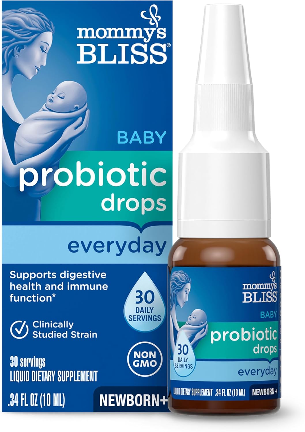 Mommy's Bliss Baby Probiotic Drops, Daily Gas, Constipation, and Colic Symptom Relief + Immune Support, Newborns & Up, 0.34 Fl Oz (30 Servings)