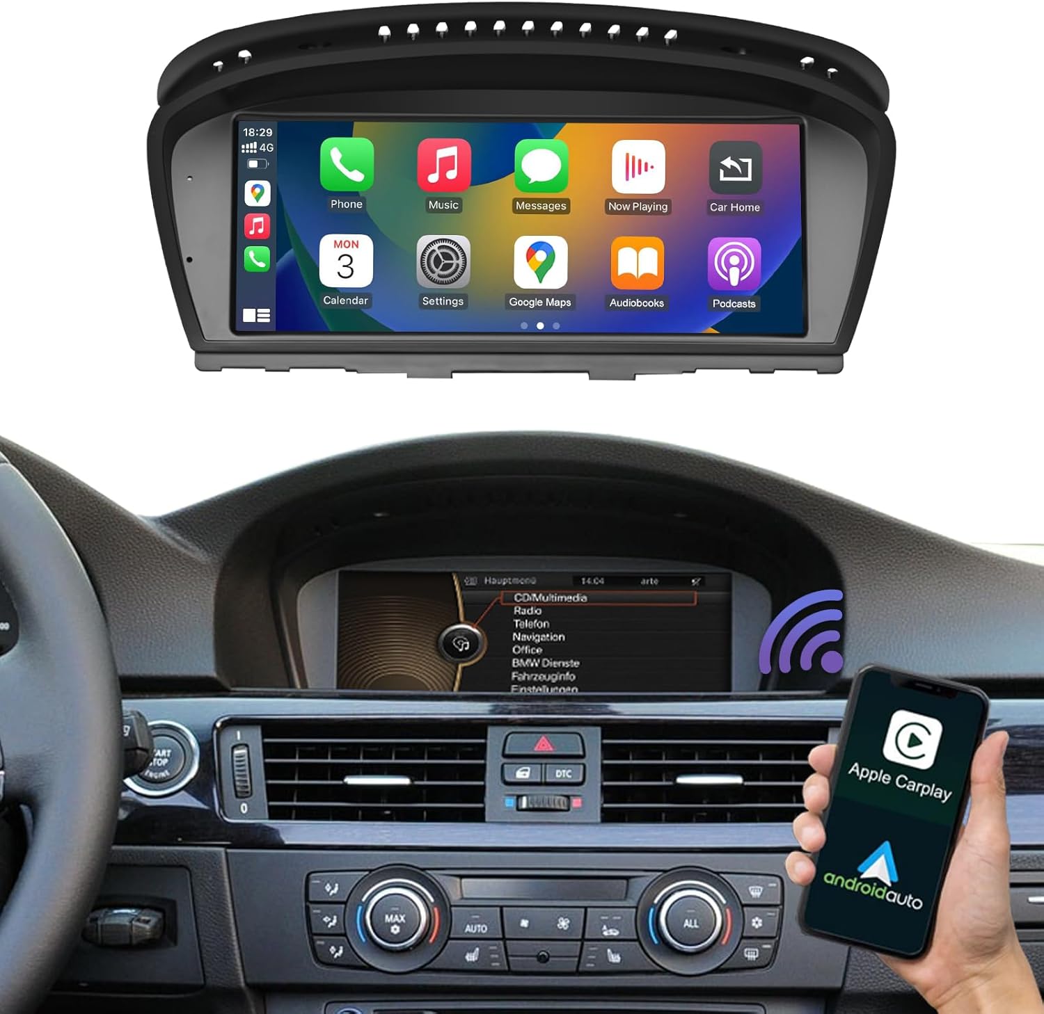 Road Top 8.9 Inch Car Touchscreen Wireless CarPlay Android Auto for BMW 3 Series 5 Series E90/E91/E92/E93/E60/E61 2008-2013 Year with CIC System, Car Stereo Multimedia Radio Receiver