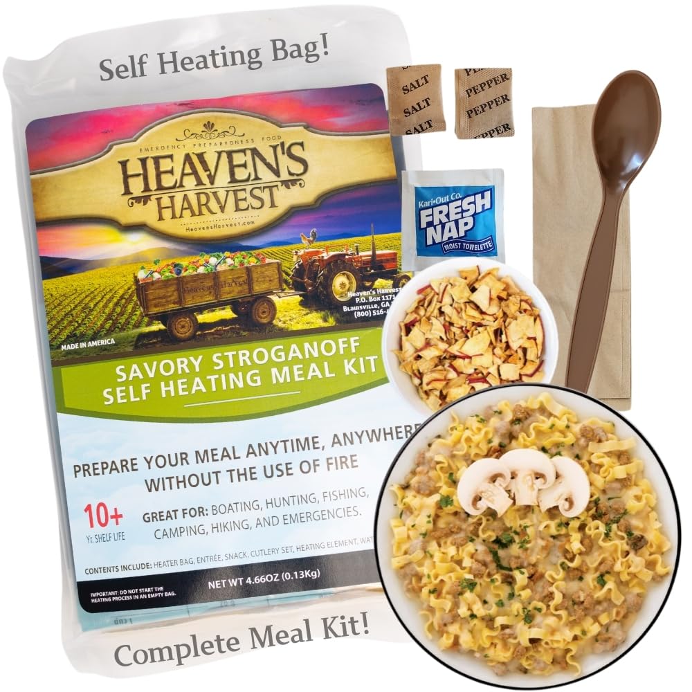 Heaven's Harvest Self-Heating Emergency Meal Kit (10 Year Shelf Life) — Tastier Than MRE Meals & Ready-to-Eat in Minutes! Just add Water to Activate The “Cooking” Process. (Savory Stroganoff)