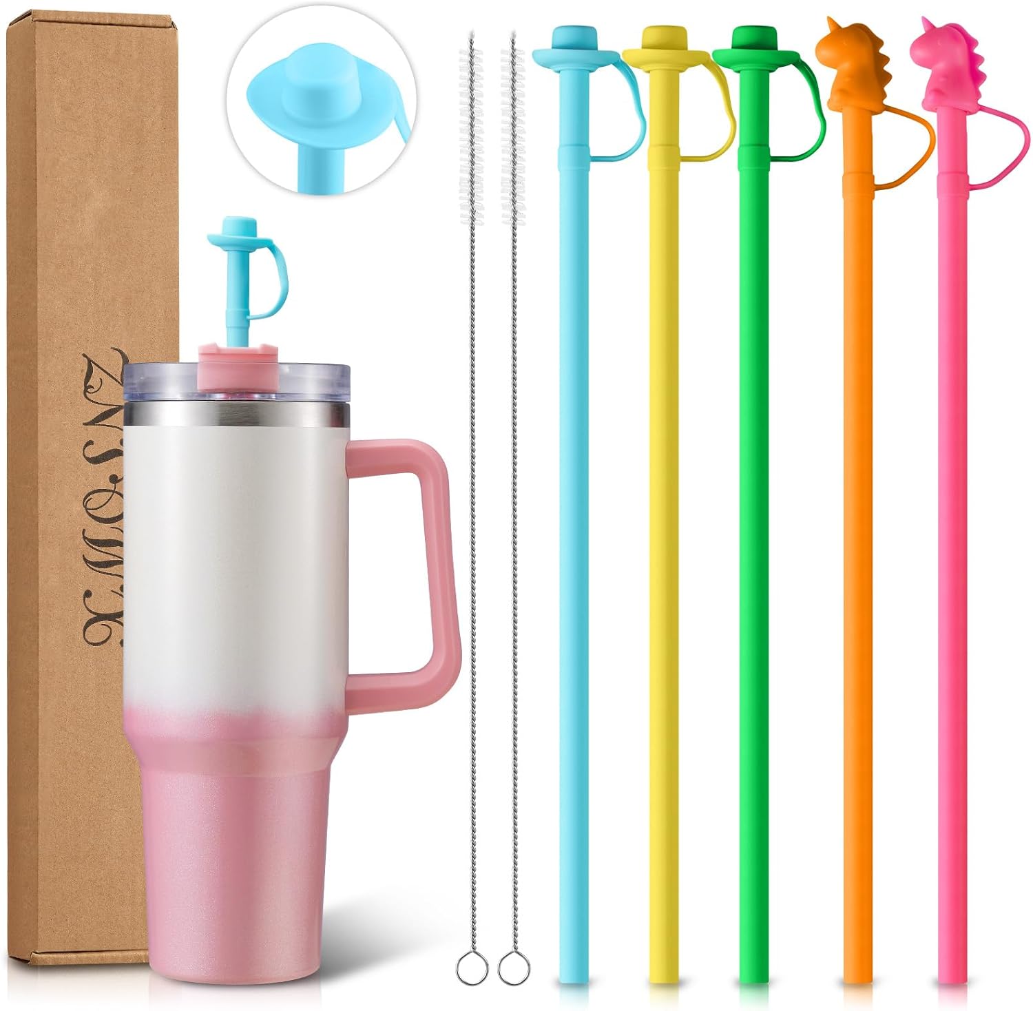 Wide Reusable Straws Silicone Straws with Straw Cover, Compatible with Stanley 40 Oz 30 Oz 20 Oz Cup Tumbler, 5 Pack Long Straws with Cleaning Brush, Smoothie Straws Reusable