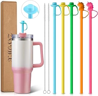 Wide Reusable Straws Silicone Straws with Straw Cover, Compatible with Stanley 40 Oz 30 Oz 20 Oz Cup Tumbler, 5 Pack Long Straws with Cleaning Brush, Smoothie Straws Reusable