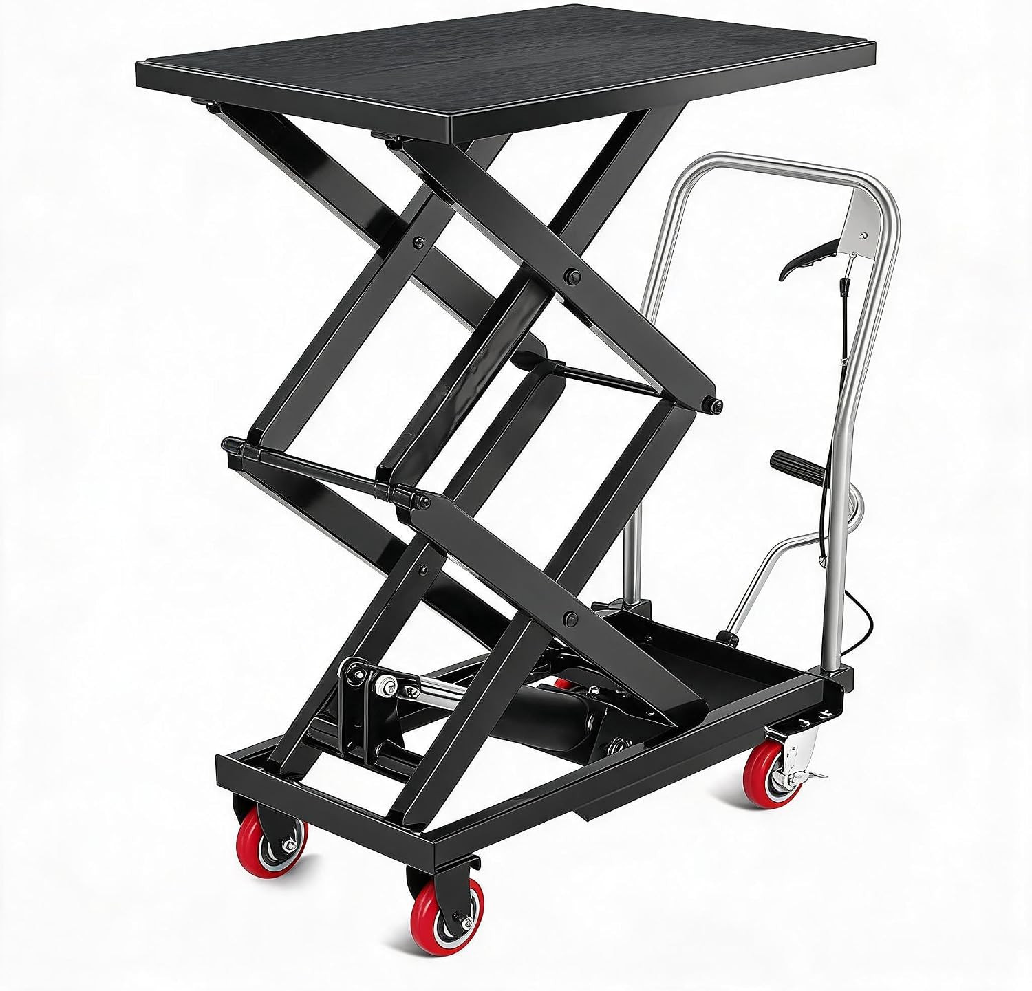 Garvee Hydraulic Lift Table Cart, 770 LBS Capacity 50 in Lifting Height, Double Scissor Lift Table with 4 Wheels and Non-Slip Pad for Material Handling and Transportation, Black