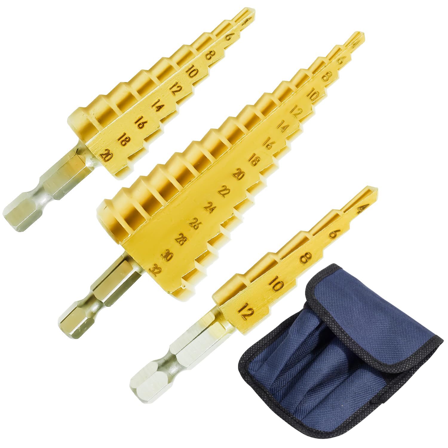 NUTTDOO 3pcs HSS Step Drill Bit Set, 4-12mm, 4-20mm, 4-32mm for DIY Plastic Wood Metal