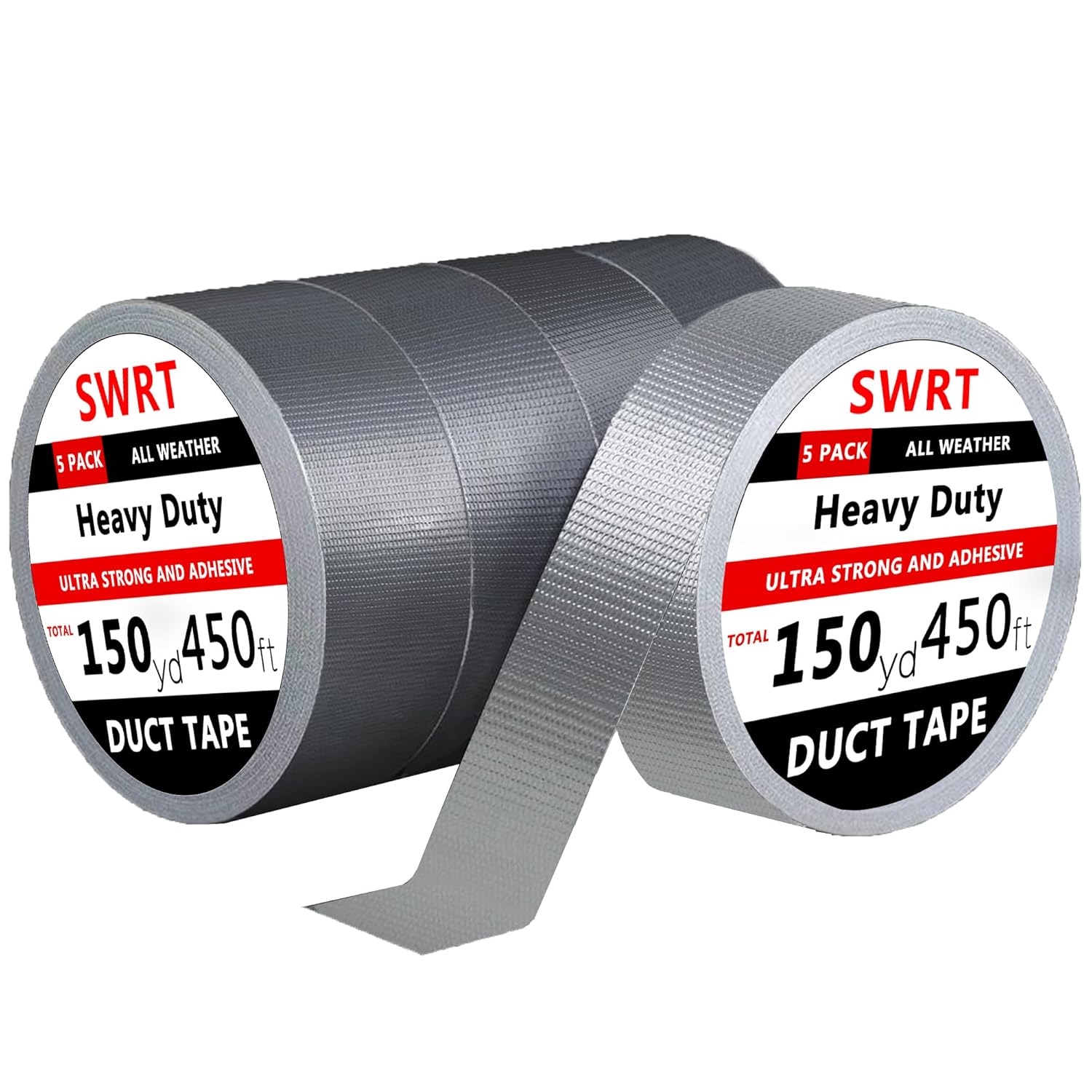 SWRT 5-Pack Silver Heavy Duty Duct Tape Strong Adhesive 2Inch 450ft/150yd, Duct Tape Heavy Duty Waterproof All Weather Gray Duct Tape No Residue Sealing & Patching for Indoor&Outdoor Repair