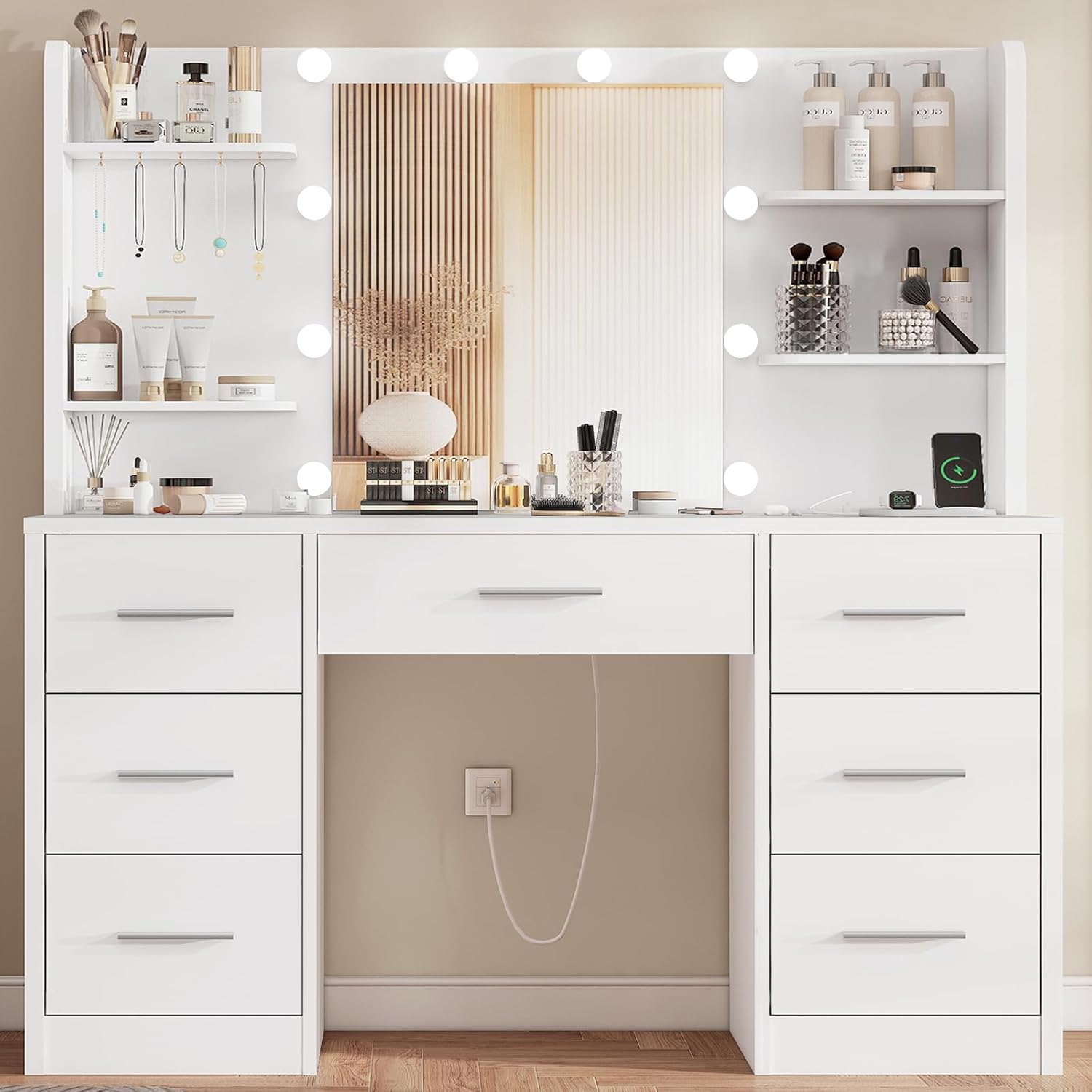 Large Makeup Vanity, 42.1" Vanity Desk with Mirror and Lights, Makeup Vanity Table with 7 Drawers, 4 Shelves, 5 Jewel Hooks & Power Strip, Vanity Desk Set for Bedroom, White