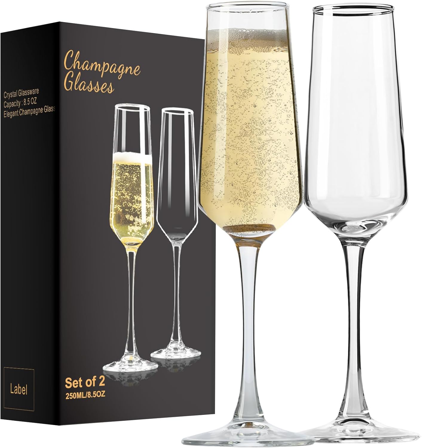 Champagne Glasses 8.5 OZ, Champagne Flutes set of 2, Unique Champagne Gift for Birthday, Wedding, Anniversary, Ideal for Home Bar, Parties etc