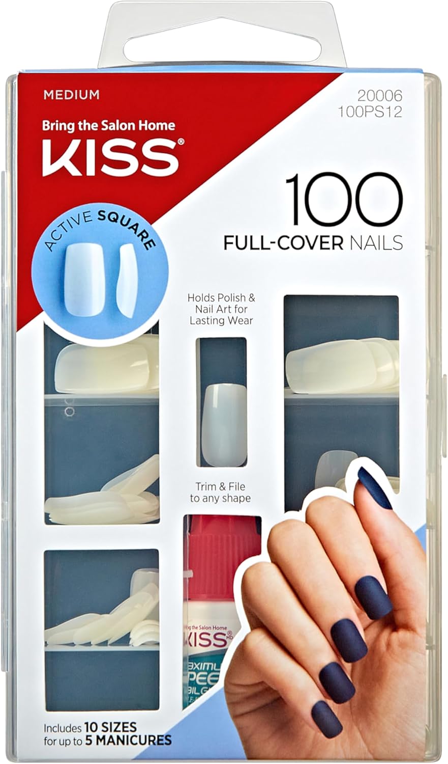 KISS 200 Full-Cover Manicure Kit, Medium Length Active Square Fake Nails, Longer Lasting, 10 Sizes with Maximum Speed Nail Glue