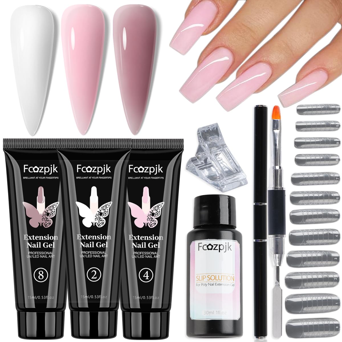 Fcozpjk Poly Gel Nail Kit White Mauve Nude Pink Builder Extension Gel Set | with Slip Solution Dual Builder Nail Form Clips for Poly Gel Brush Pen Starter Kit Home Manicure DIY Accessories