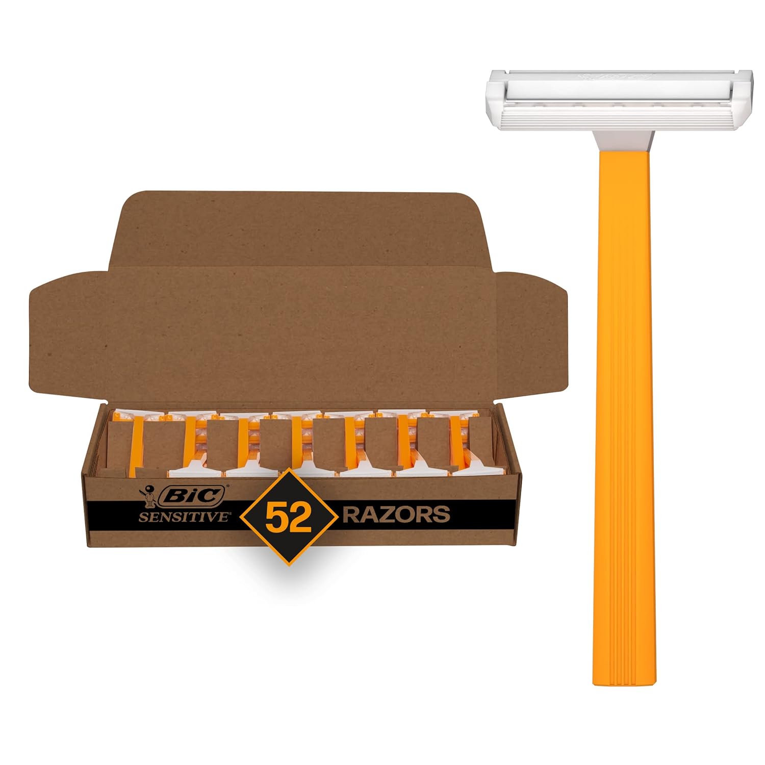 BIC Sensitive Disposable Razors for Men, Long-Lasting 1 Blade Razors for Sensitive Skin, 52 Count Shaving Razors
